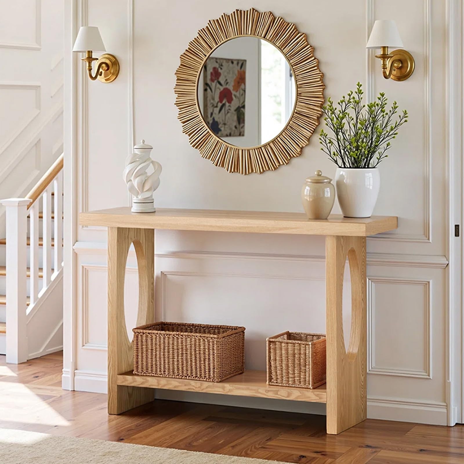 Mesa consola estrecha de madera maciza artesanal con estante duradero