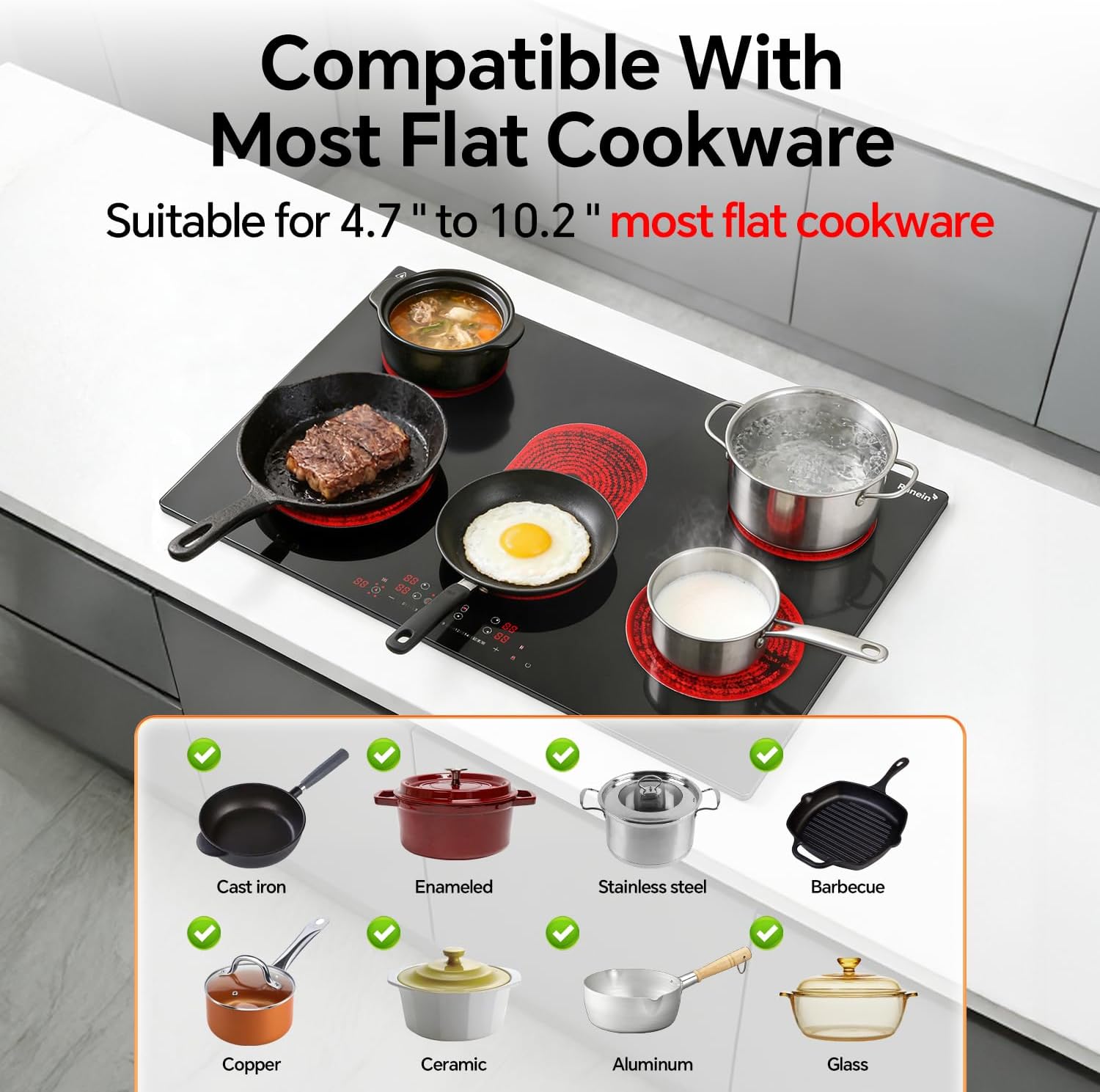 Ranein Electric Cooktop with 5 Burners, 30 inch 8800W 240V Ceramic Panel Electric Cooktop, Multiple Safety Protections Stove, Touch Screen