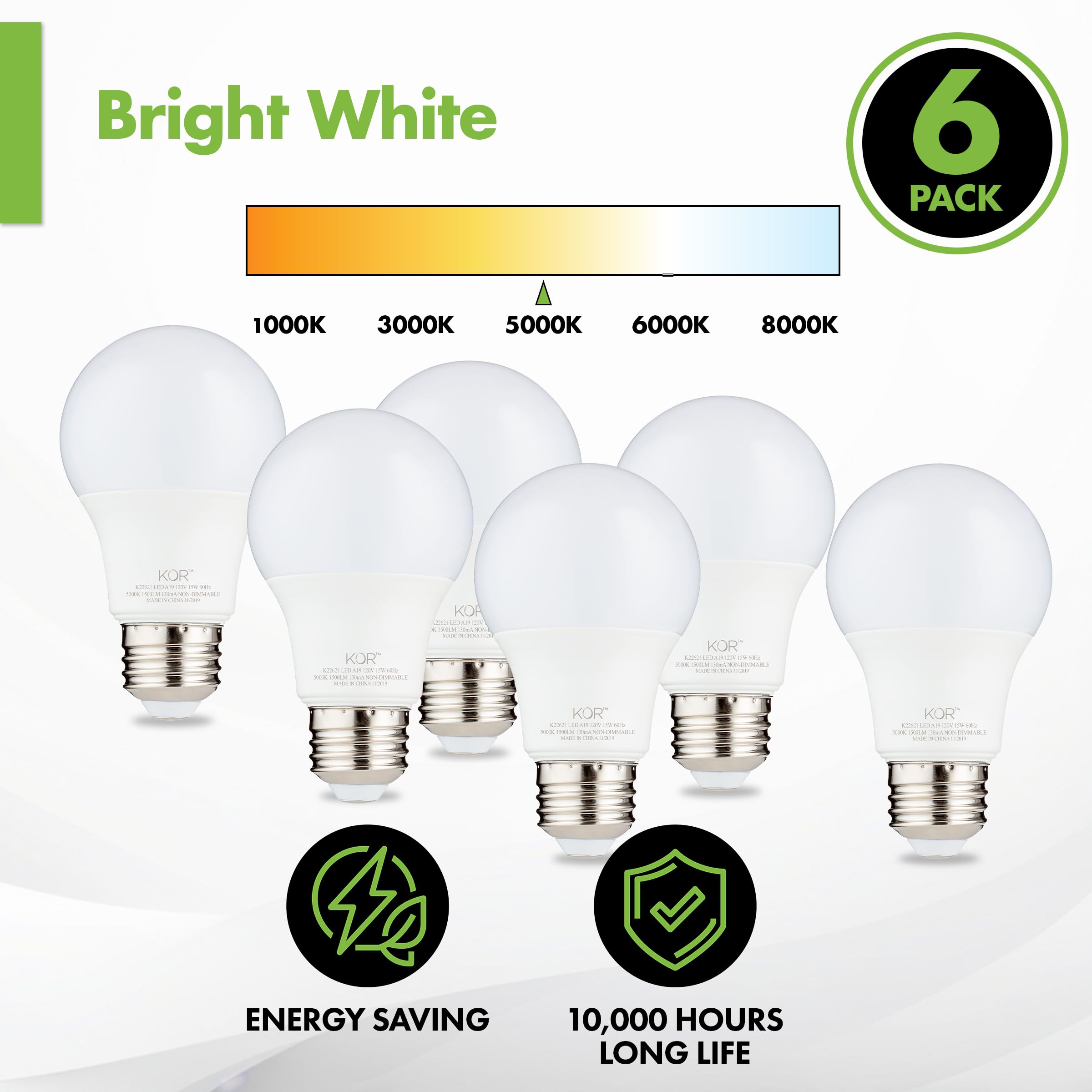 KOR 6 Pack A19 LED Light Bulb, 100W Equivalent, 5000K Bright White