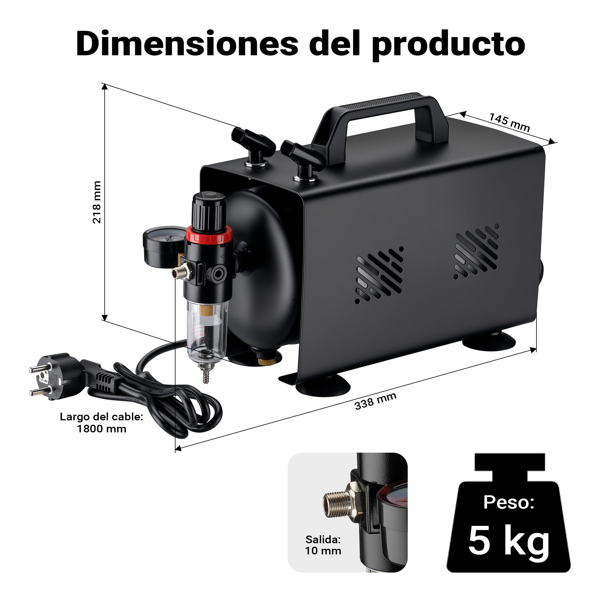 Wiltec Compresor para aerógrafo AS18TB 1/6 CV, compresor de aire comprimido con caudal de 20-23 l/min, para pistola aerográfica con 2 salidas y manómetro, diseño con pistola de aerografía