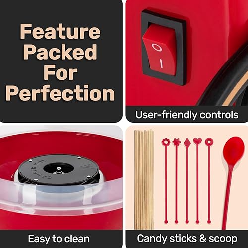 Miniatura 3 de Kit de máquina de algodón de azúcar, máquina de algodón retro rojo, máquina para hacer dulces de azúcar sin esfuerzo con guía completa fácil de