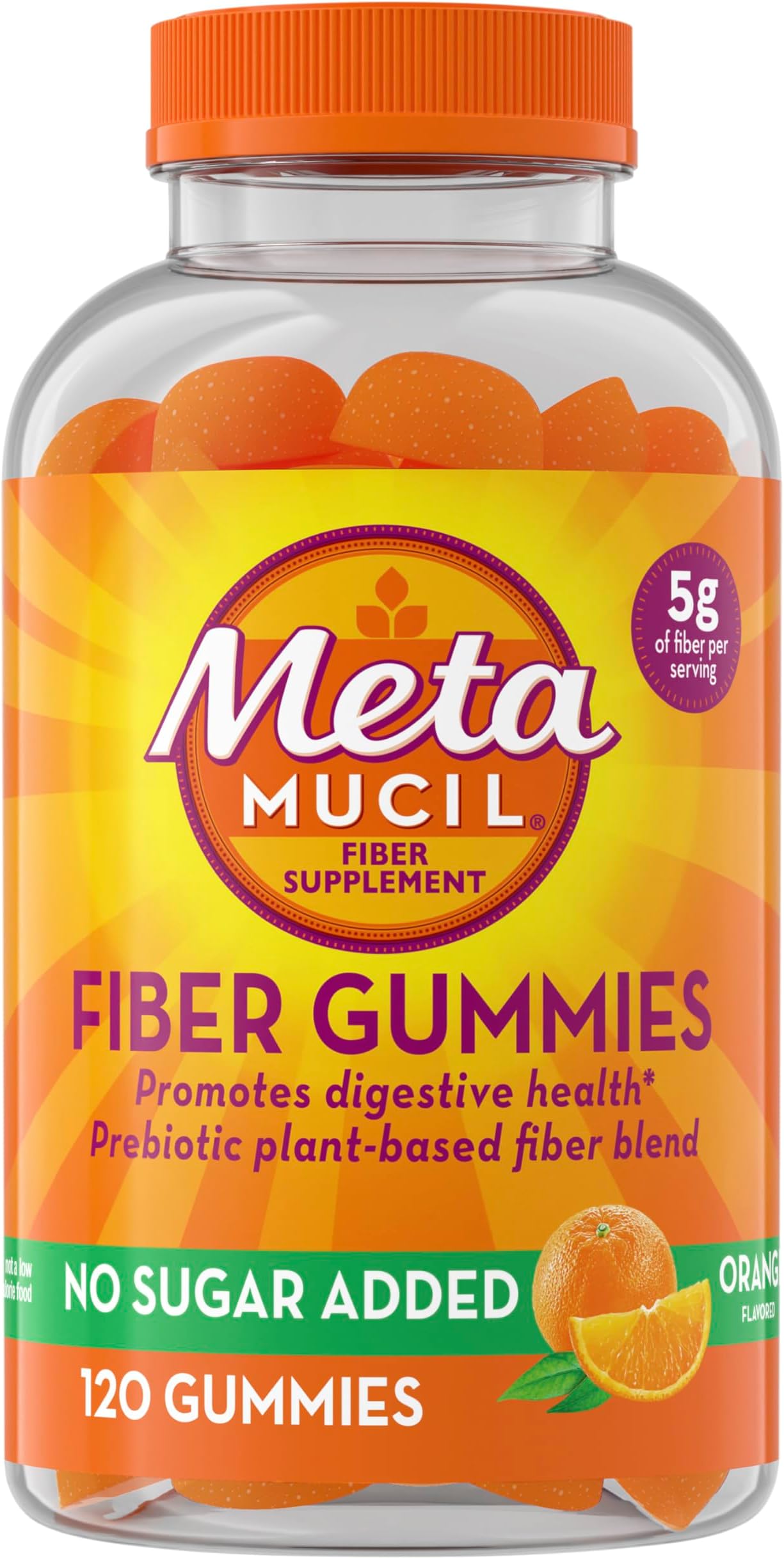 - Fiber Gummies for Adults, No Sugar Added Orange Flavor, 5g Prebiotic Plant Based Fiber Supplement Blend, 120 Count