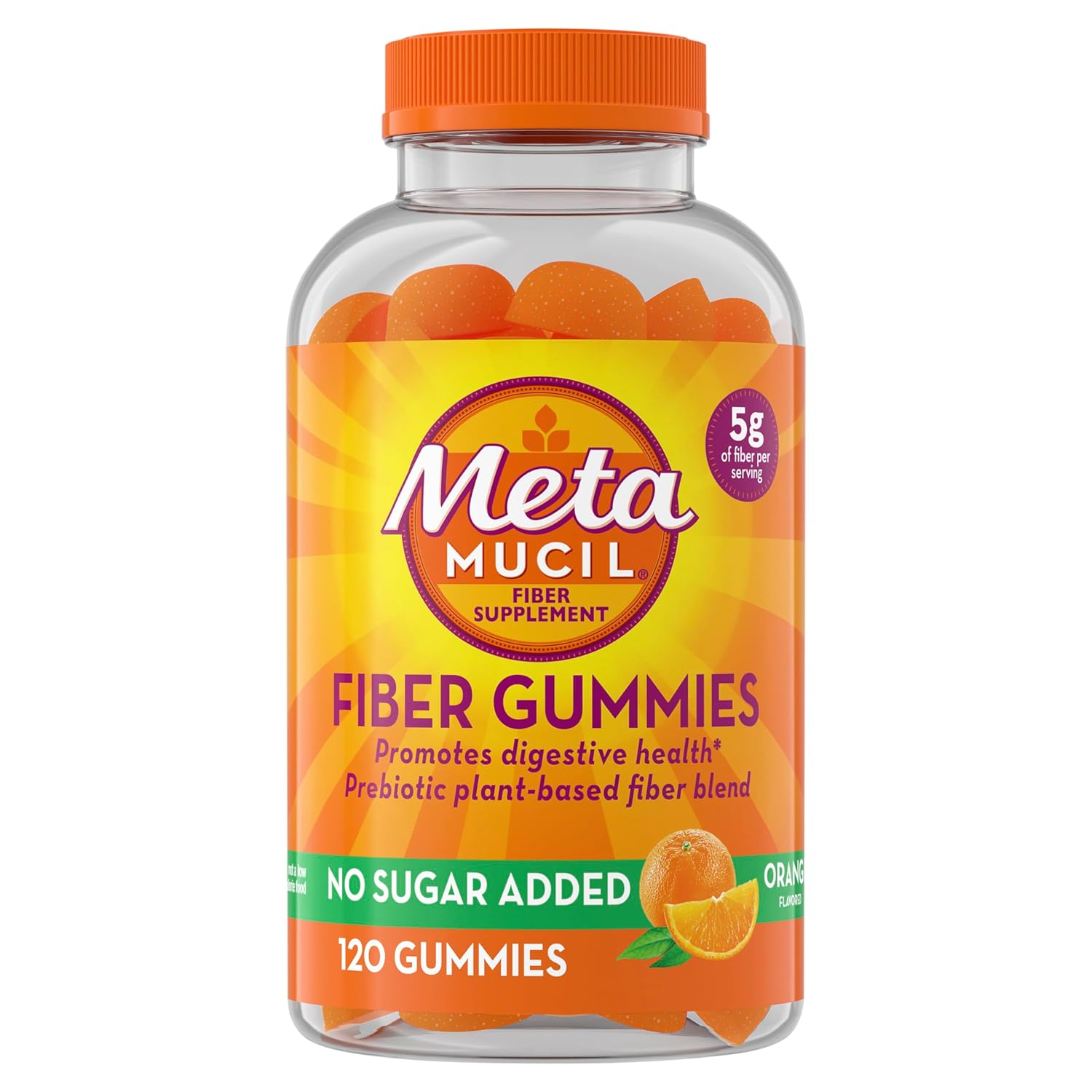 Metamucil Fiber Gummies for Adults No Sugar Added Orange Flavor 5g Prebiotic Plant Based Fiber Supplement Blend 120