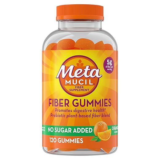 Metamucil Fiber Gummies for Adults, No Sugar Added Orange Flavor, 5g Prebiotic Plant Based Fiber Supplement Blend, 120 Count