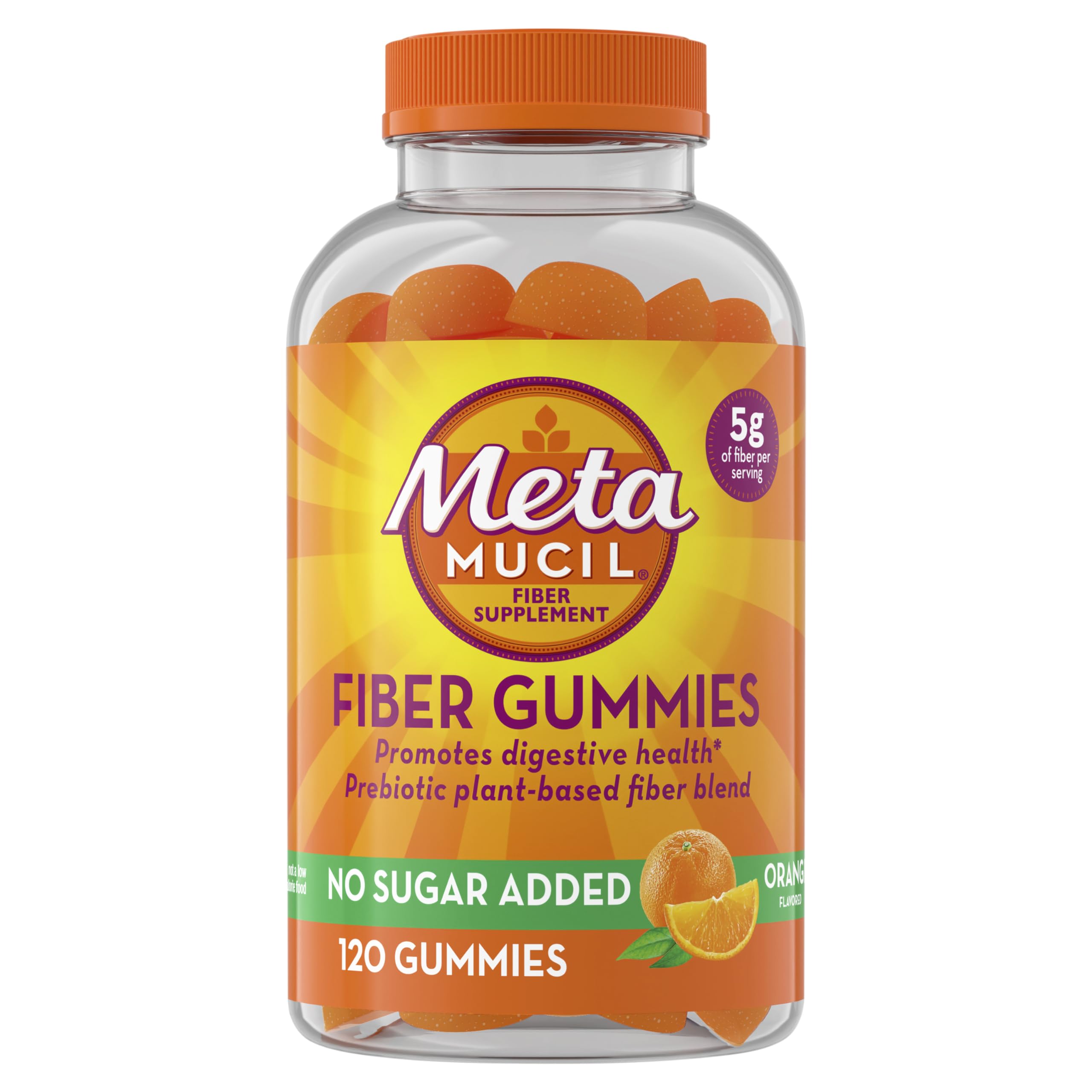 MetamucilFiber Supplement Gummies, Sugar Free Orange Flavor, 5g Prebiotic  Based Fiber Blend, 120 Count (Pack of 1)