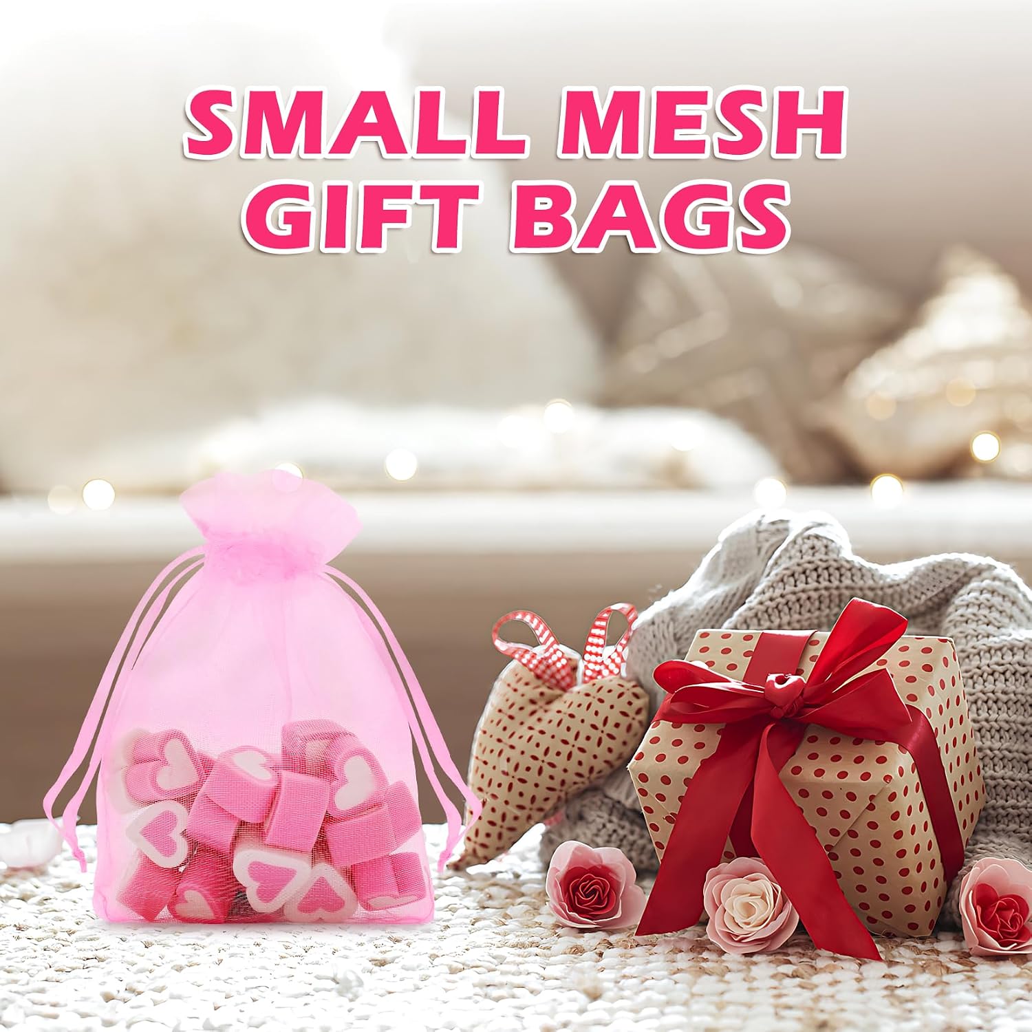 ANZNKU 100 Pcs Pink Organza Bags 3×4'', Small Mesh Gift Bag with Drawstring image 3