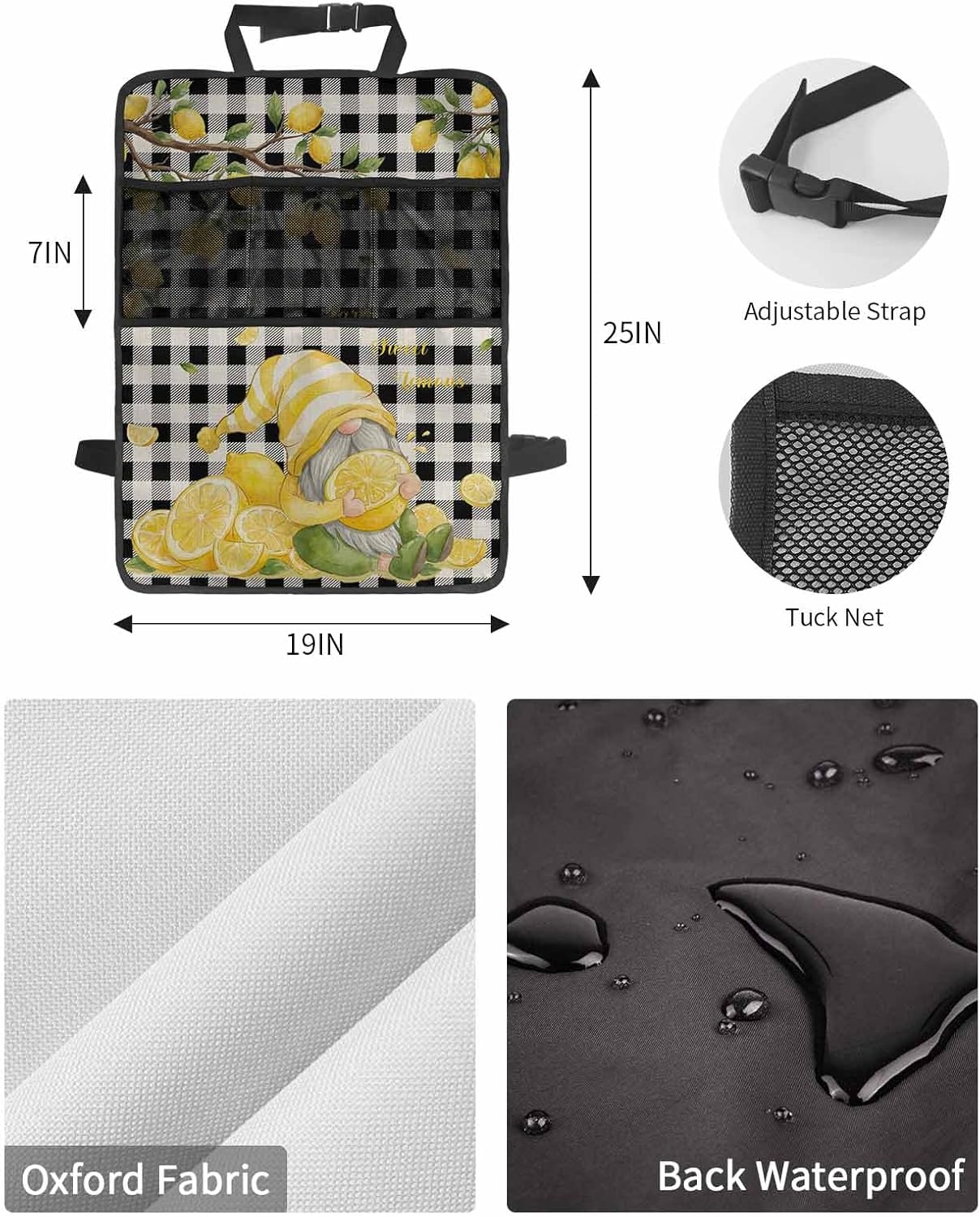 Car Seat Protector, 2 Pack Kick Mats with Organizer - 3 Pocket Storage, Summer Gnome Farm Lemon Tree Branch Black White Plaid Back Seat Cover for Kids Universal Fit Automotive Interior Protectors