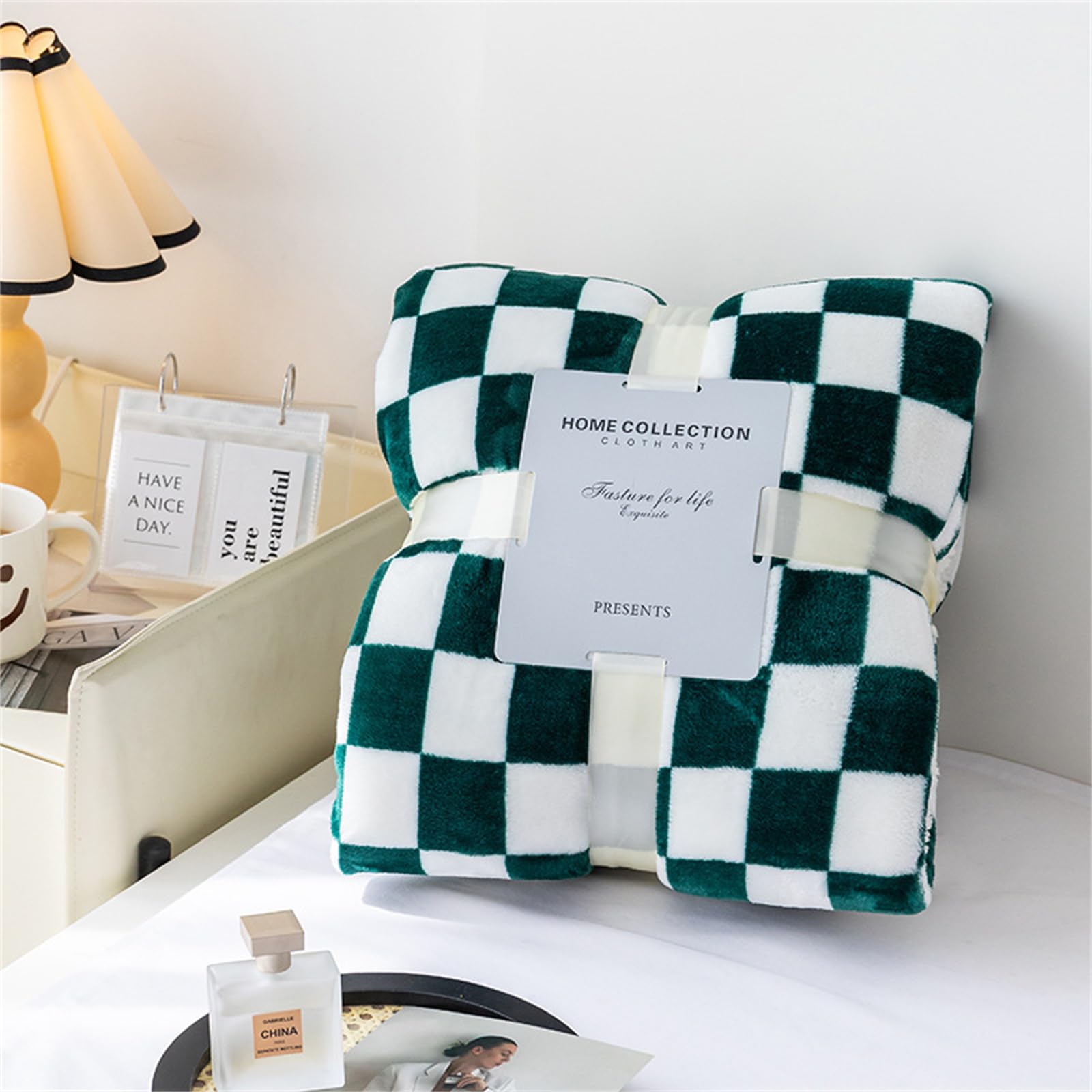 Highdi Blankets for Sofa Winter, Soft Checkerboard Blanket Sofa Warm Fluffy Warm Blanket Bed Bedspread Multipurpose for Sofas, Living Room (100 x 150 cm, Green)