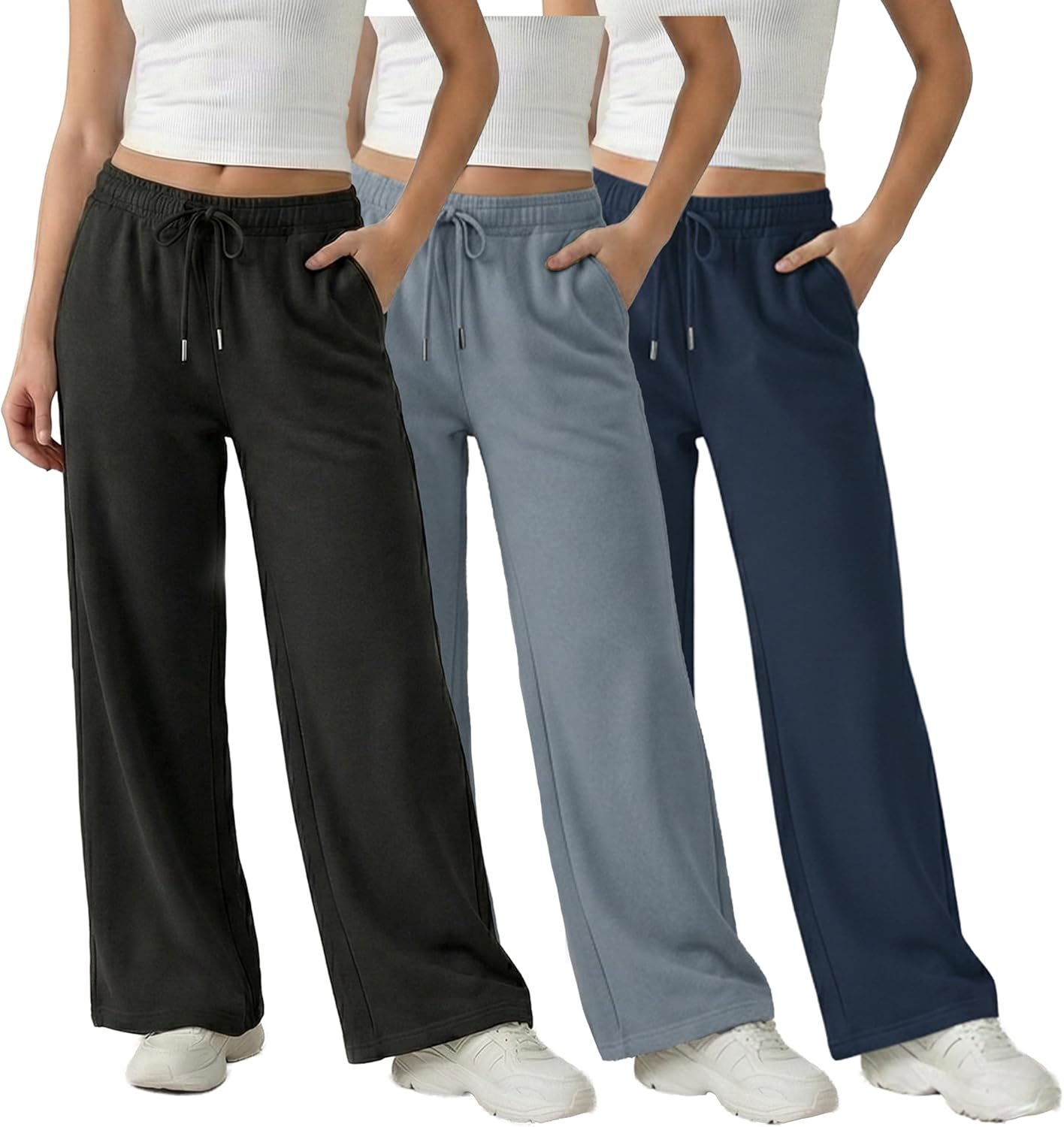 Common Stitch 3 Pack Wide Leg Fleece Lounge Sweatpants for Women — Deep Pockets, Relaxed Fit, Elastic Drawstring Waist