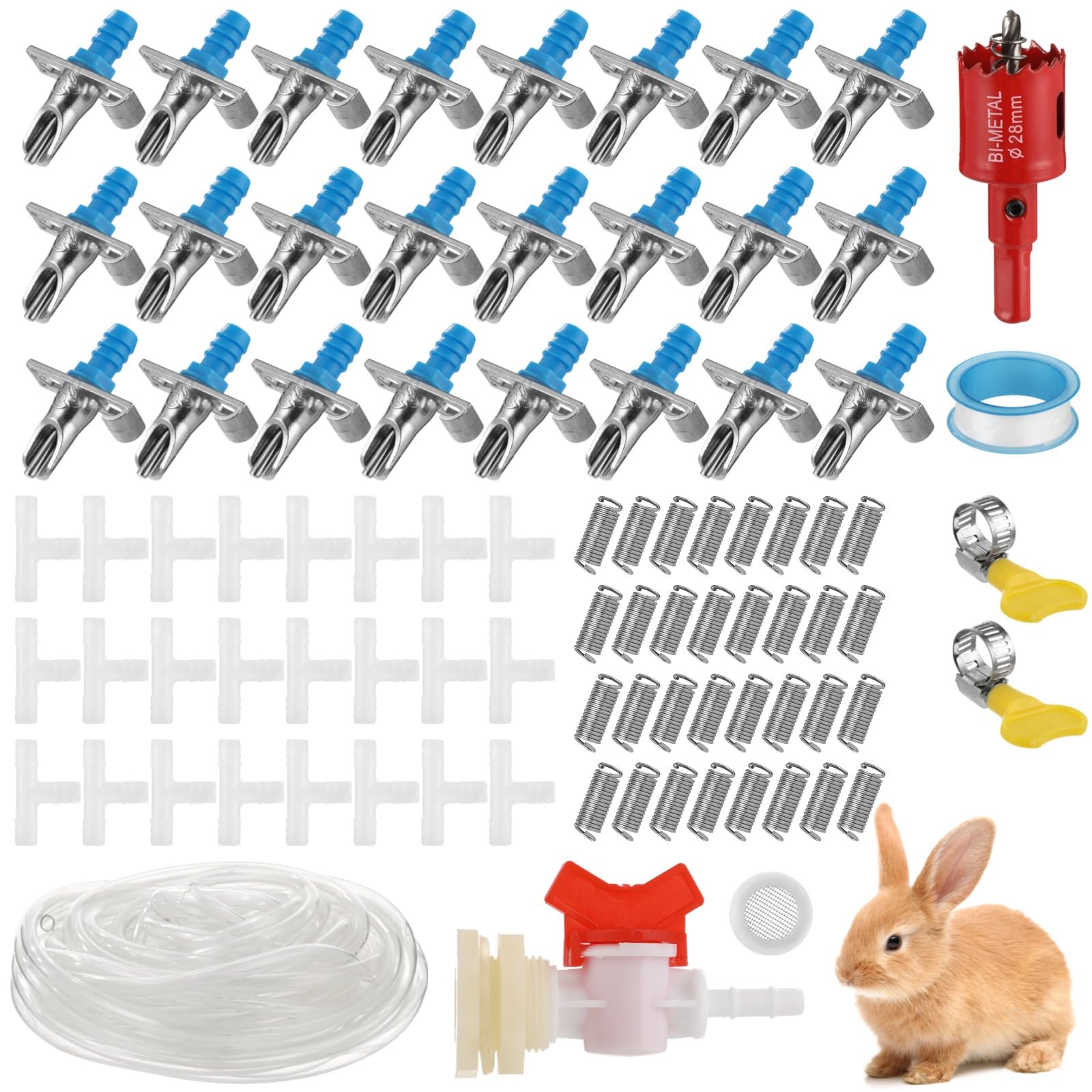 24 STK. Kaninchen-Tränker-Set, automatisches Kaninchen-Tränkesystem mit 5/16 Zoll Schlauch, T-Verbindern, Federn, Bohrer und Dichtung, für Kaninchen, Chinchillas