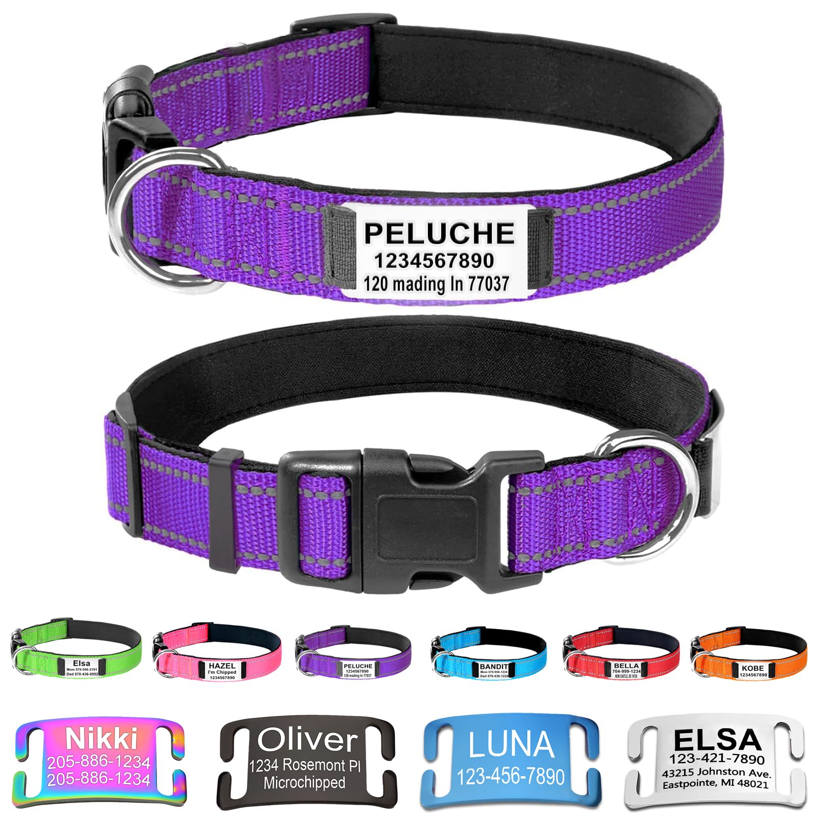 Nocmxta Custom Dog Collars with Name Plate, Engraved Name Plate ID Tags with Reflective Nylon Dog Collar,Soft Neoprene Padded Adjustable Pet Collar