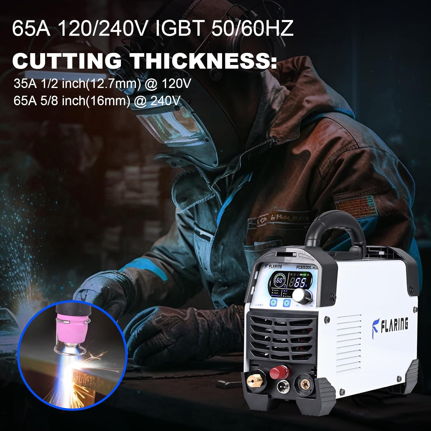 FLARING FC650DL PLUS Plasma Cutter 65 AMP Non Touch Pilot Arc Plasma Cutter Machine 120/240V Dual Voltage, Digital Display, High Frequency IGBT Inverter, Post Air/2T/4T, 5/8" Clean Cut with Consumable