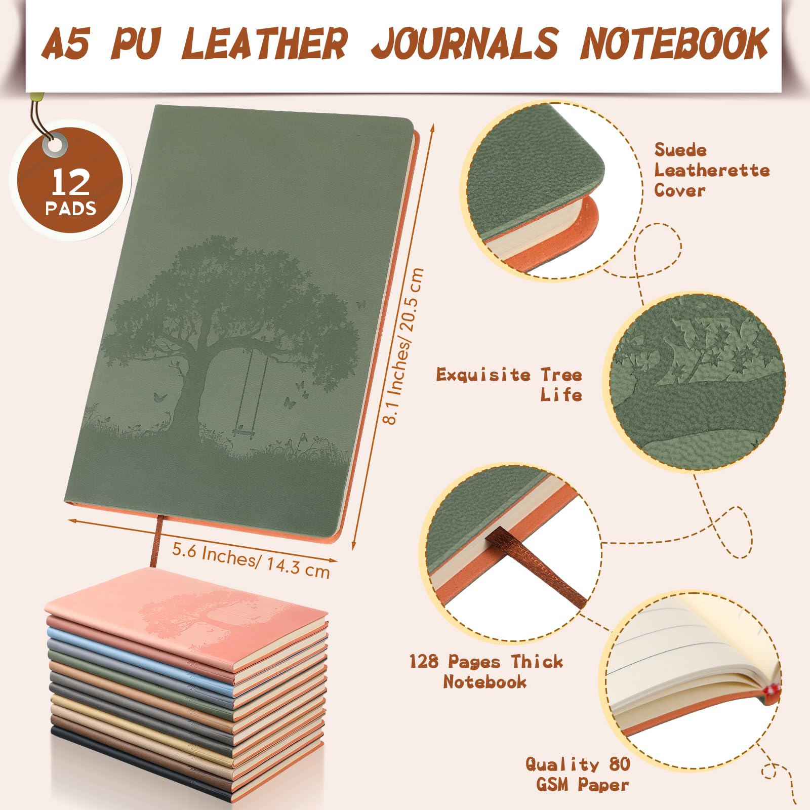 TaoBary 12 quaderni A5 in pelle PU, colorati, a righe, con copertina in morbida pelle PU, per scrivere, ufficio, scuola, casa, lavoro (colori vivaci)