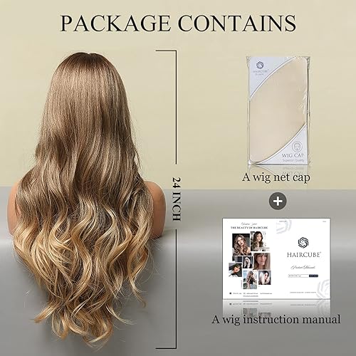 Miniatura 9 de HAIRCUBE Pelucas onduladas rubias degradadas para mujer, peluca sintética larga y rizada, parte media, aspecto natural, resistente al calor, pelucas