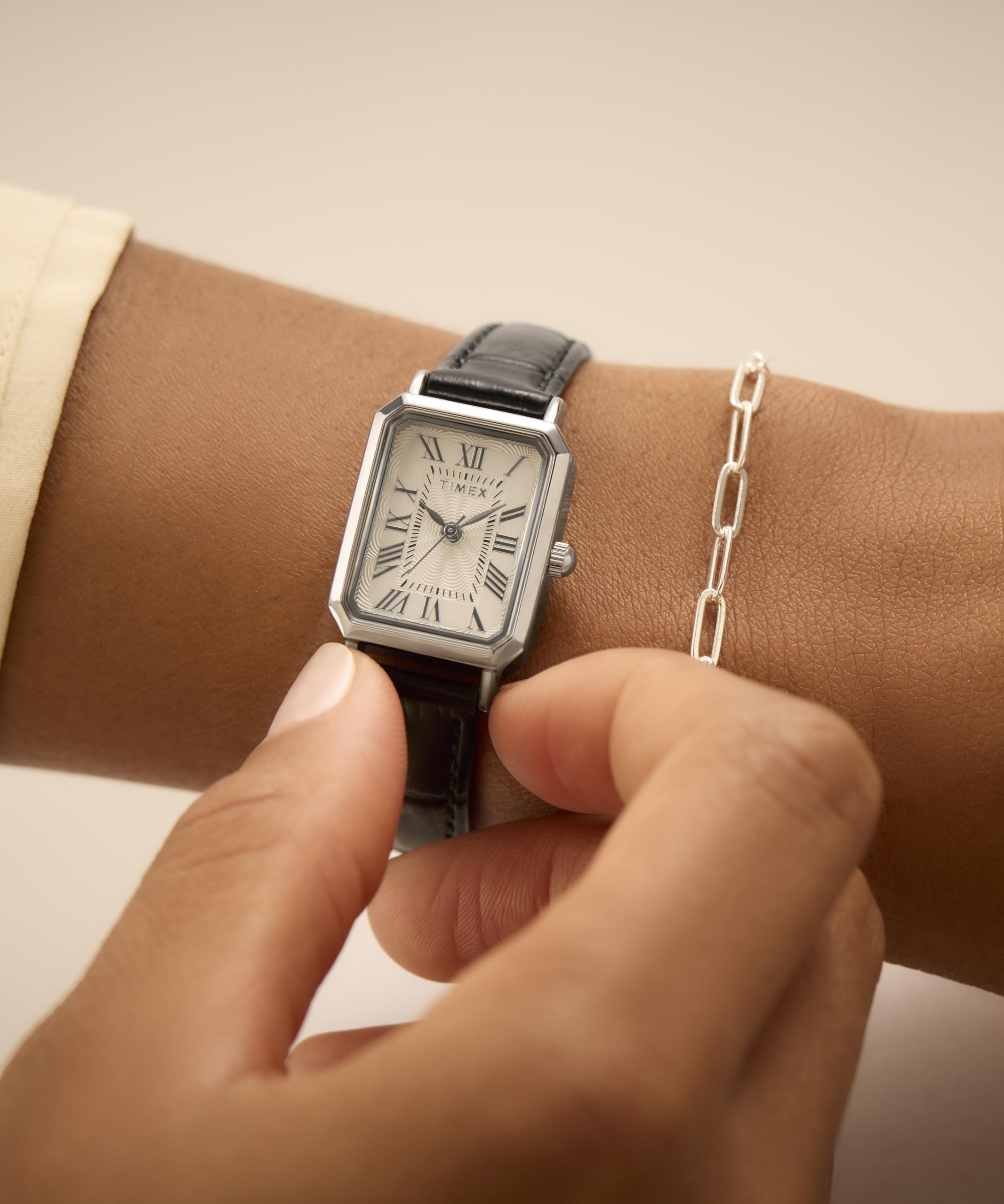 Timex Zegarek Damski Trend 21 mm, Czarny Skórzany Pasek, Biała Tarcza, Srebrna Obudowa TW2Y00800