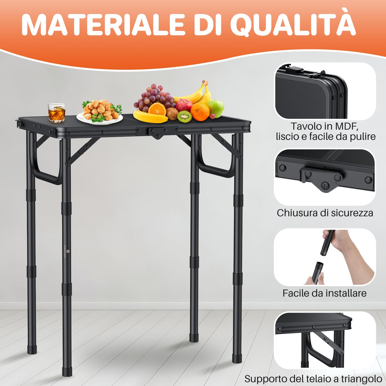 Tavolo Da Campeggio Pieghevole FUNYKICH 58x40 Cm – Alluminio, 3 Altezze (26/48/70 Cm) E Maniglia, Nero