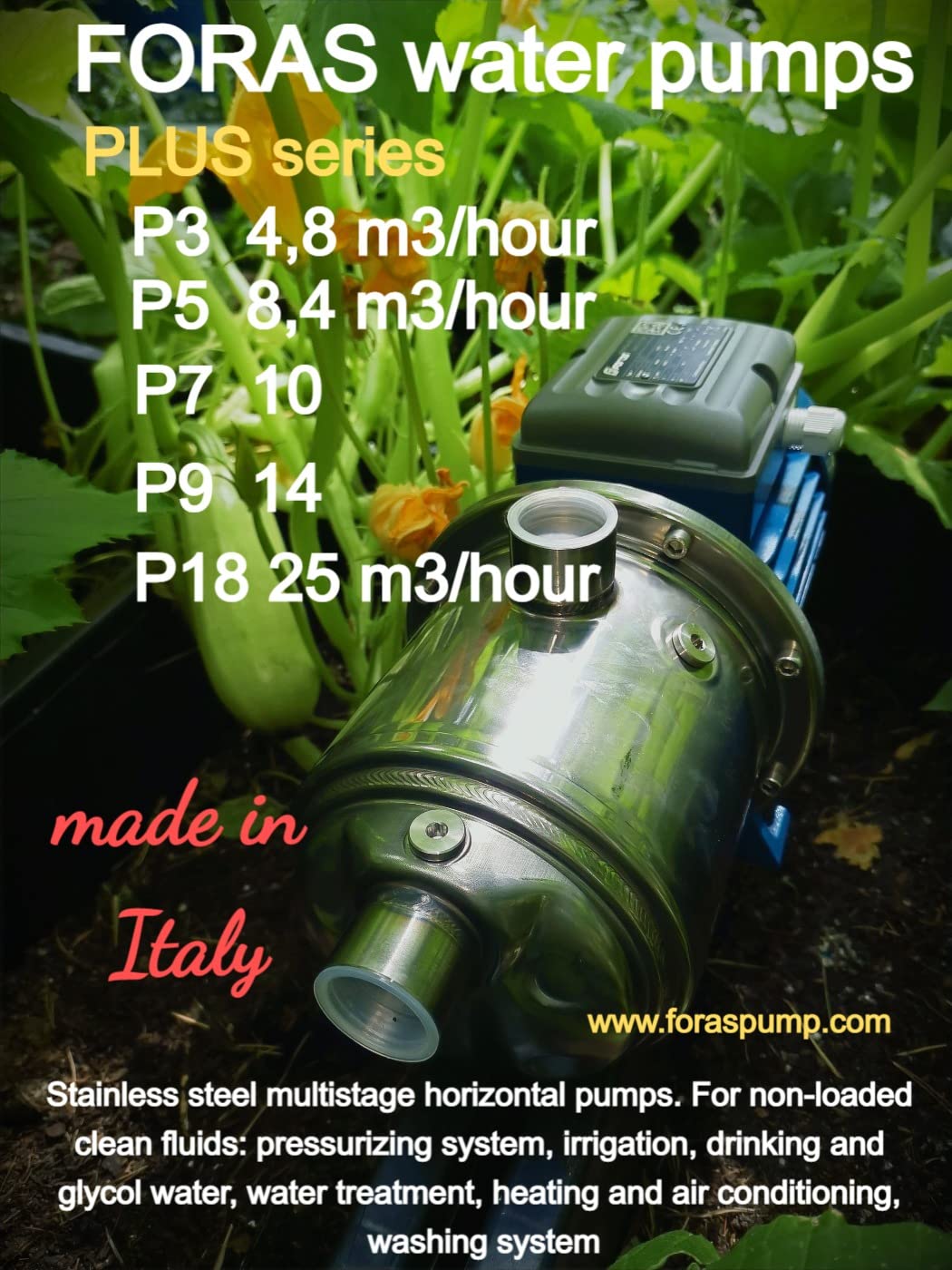 FORAS PLUS P5A-150/5 - Bomba autoaspirante de acero inoxidable, fabricada en Italia, funcionamiento continuo, 230 V, 1,1 kW, caudal 140 l/min, presión 57 m