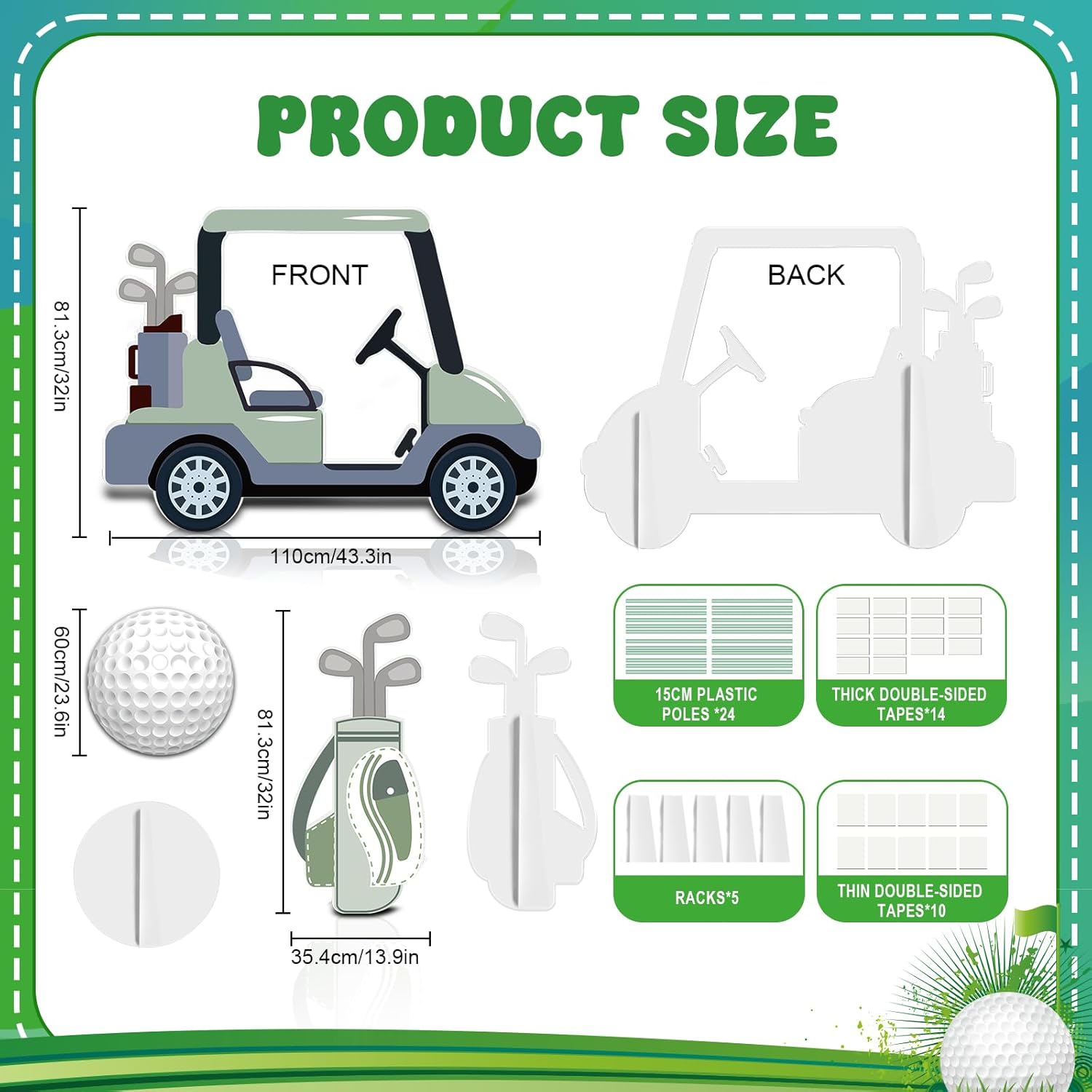 3 Pcs Golf Cart Cutout Props Golf Birthday Decorations Photo Booth Props Cardboard Cutout for Hole in One Birthday Sport Themed Party Decor Retirement Party Supplies