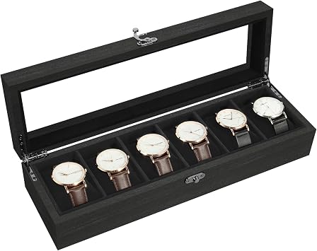 Uten Wooden Watch Box 6 Slot, Watch Display Case with Glass Lid, All Black | Watch Holder Organizer, Raw Paulownia Wood, Soft Velvet Lining, Rustik and Elegant Gift Idea for Men and Women