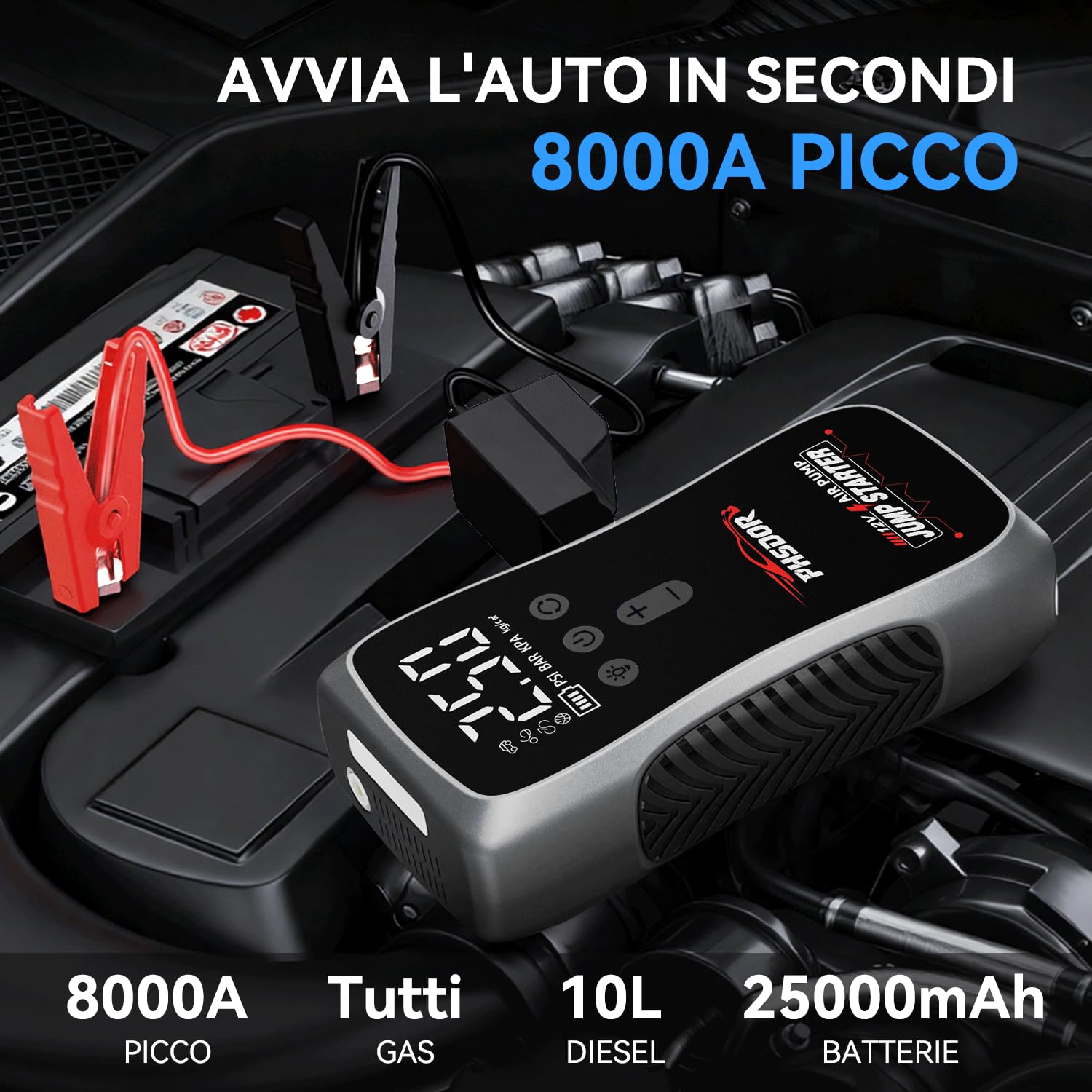 Avviatore Batteria Auto con Compressore 150PSI 8000A 25000mAh, Booster Avviamento Auto (Tutti Gas/10.0L Diesel), Avviatore Emergenza Starter Batteria con Torcia a LED