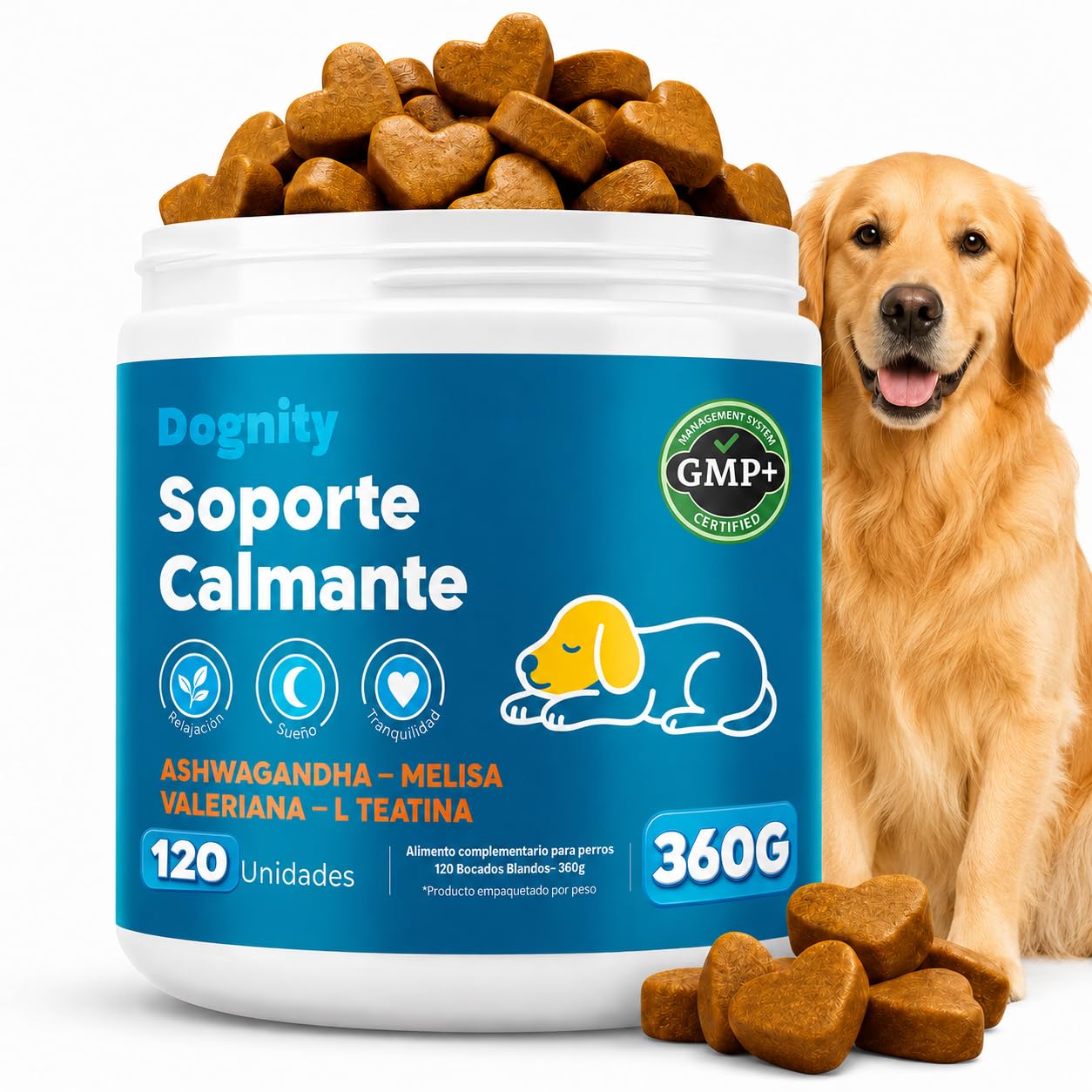 Calmante Perros Bocados Ansiedad Separación Estrés Petardos Triptófano GMP+ | Suplemento Natural con Valeriana Ashwagandha Magnesio Melisa L-Triptófano 5 Activos Naturales para Calma Emocional Blandos
