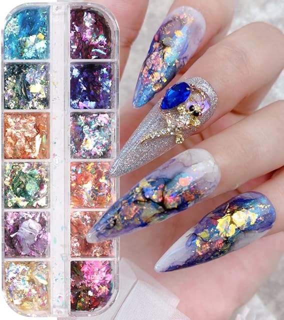 Holographic Mermaid Nail Art Glitter Flake, 12 Grids Holographic Nail Art Sequins Bright Colorful Shiny Nail Supplies Nail Art Design Decoration Accessories