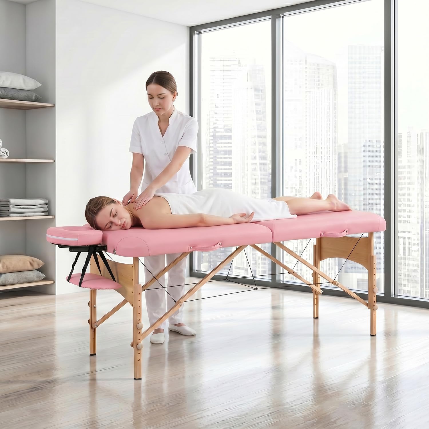kidol&shellder Lit de Massage 70cm, Pliable Portable, 250kg capacité, 9cm Rembourrage PU, Sac de Transport, Appui-tête Amovible, Rose