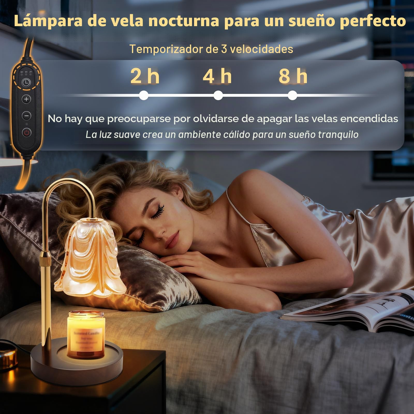 Lámpara Calentador de Velas con Temporizador y atenuador, Lampara Vela Eléctrica con 2 Bombillas, Altura Ajustable Lámpara Perfumada Calentador, Lampara Fusión Cera para Decoración Hogar