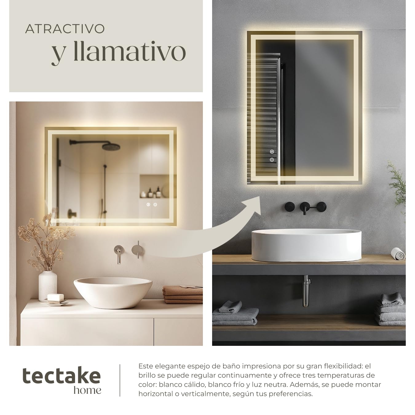 tectake® Espejo Baño LED sin Marco Rectangular, Diseño Moderno, Espejo Pared con Luz, Espejos de Baño con Luces, Decoracion Hogar, Decoracion Pared - 50x70 cm
