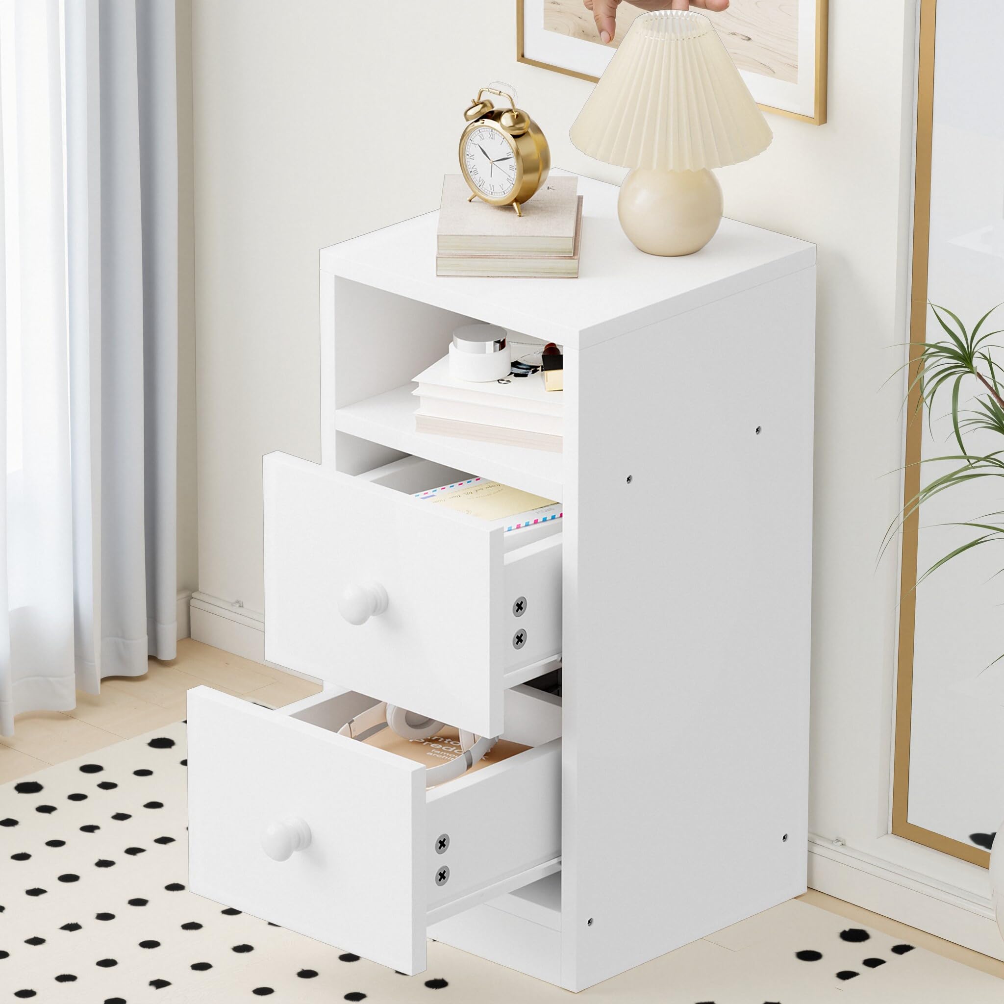 Bonnlo Nachttisch Weiß 2er Set, Kommode mit 2 Schubladen, Konsolentisch Schmal mit offenem Fach, Nachtschrank Boxspringbett aus MDF mit Stauraum für Schlafzimmer, Modern, 25x30x60cm