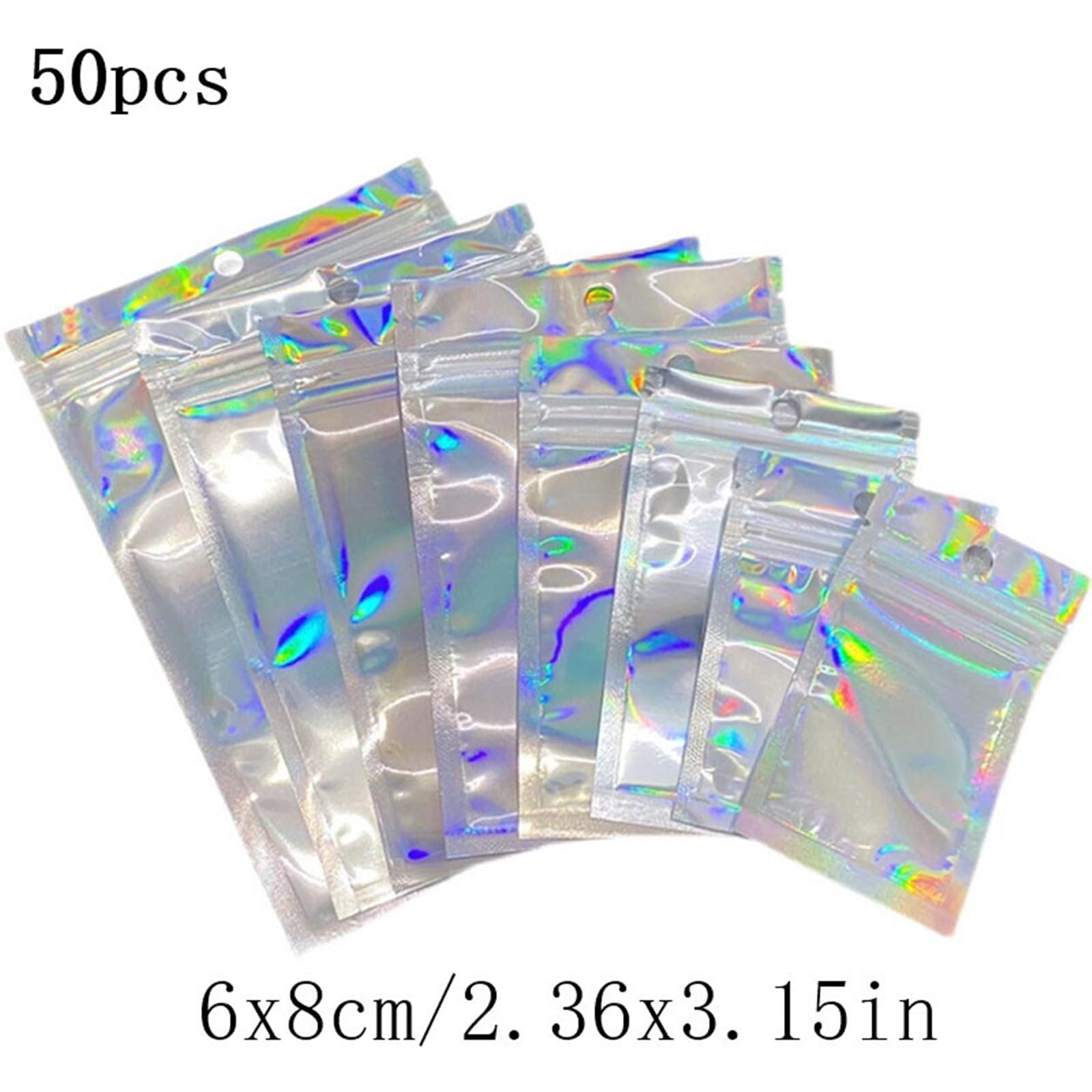 Sacchetti con chiusura a zip, Buste con chiusura a zip in foglio di alluminio autosigillante, confezione da 50 olografiche varie dimensioni(6x8cm)