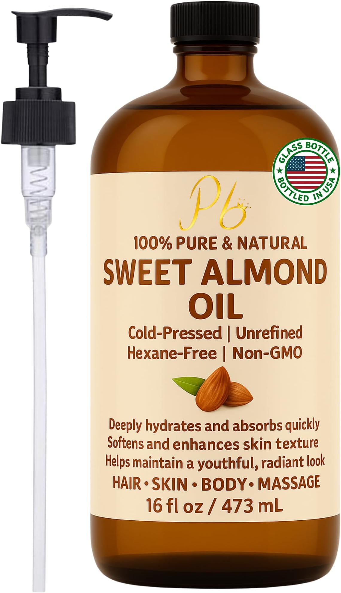 Almond Oil – 16 fl oz Glass Bottle with Pump | 100% Pure, Cold-Pressed, Unrefined & Hexane-Free | Sweet Almond Carrier Oil for Skin, Face & Hair | Natural Moisturizer & Massage Oil