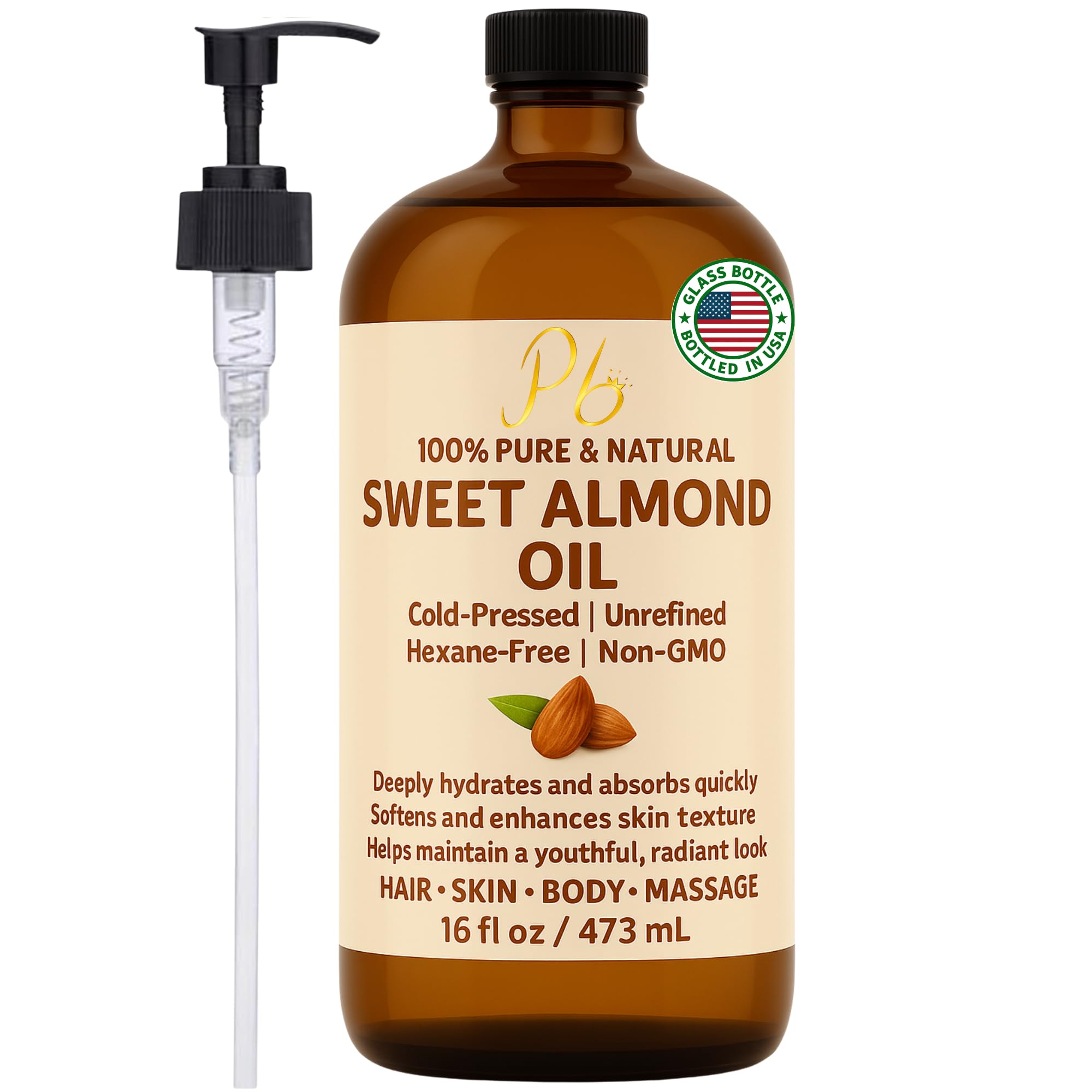 Almond Oil – 16 fl oz Glass Bottle with Pump | 100% Pure, Cold-Pressed, Unrefined & Hexane-Free | Sweet Almond Carrier Oil for Skin, Face & Hair | Natural Moisturizer & Massage Oil