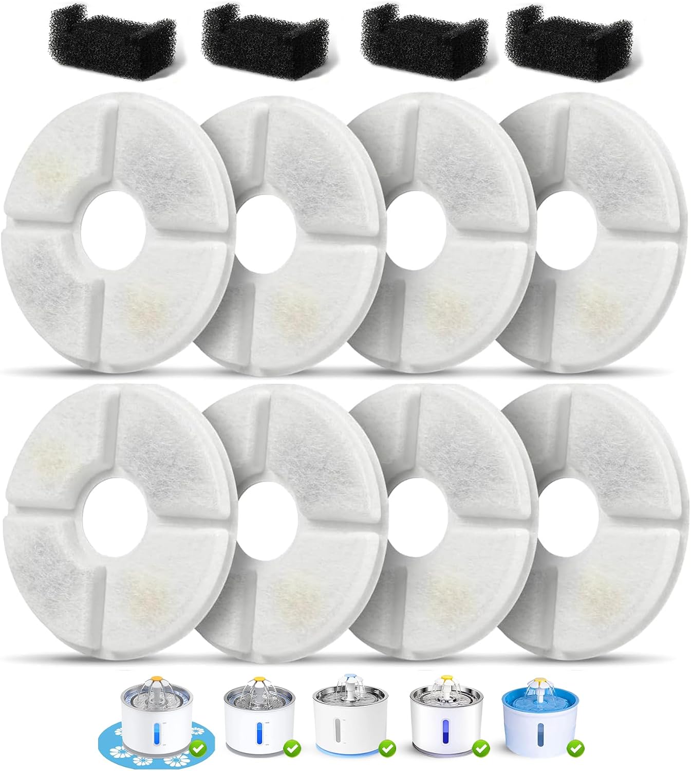 Cat Water Fountain Filter for FluffyUnion 2.4L/84oz Cat Fountain | Includes 8 Filter Cartridges and 4 Filter Sponges;Replacement Filters for Round-Top Stainless Steel Pet Water Dispensers