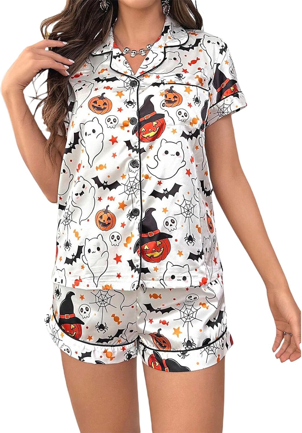 Sawden Halloween Pajamas Set for Women Ghost Pumpkin Print Lounge Wear Sets Short Sleeve Top and Shorts Sleepwear