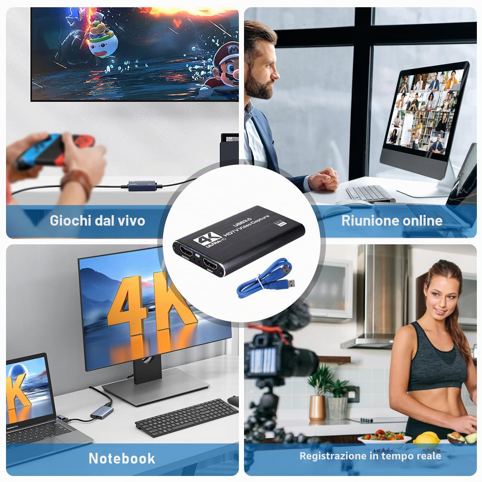 USB 3.0 Video Capture Card 4K HDMI con Loop-Out, 1080P 60FPS Registratore per Streaming, 4K HDMI Capture, Compatibile con PS5, Xbox, Fotocamera, OBS, Plug & Play per PC/Laptop