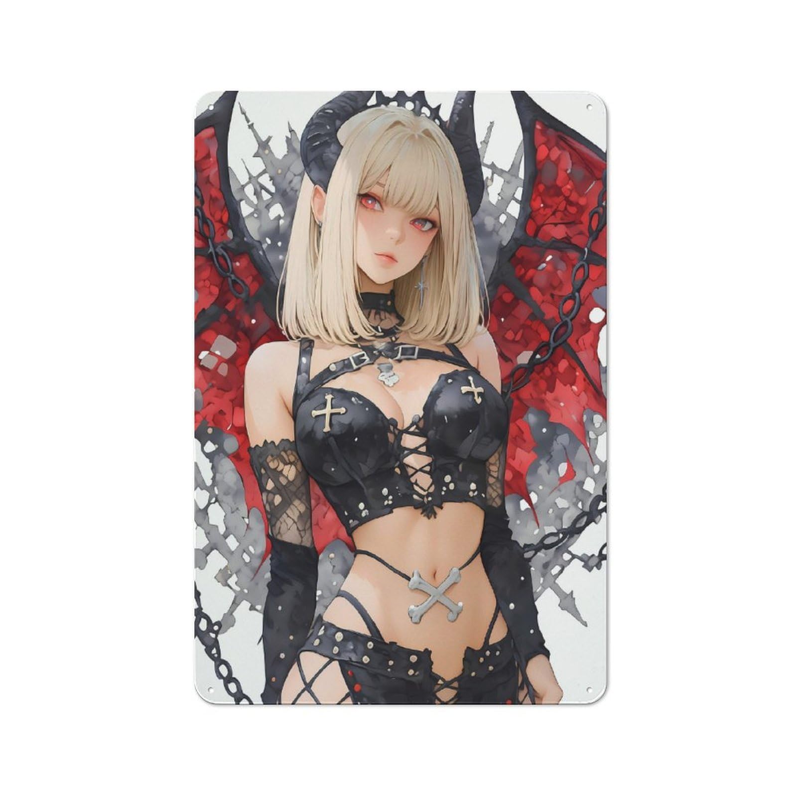 Decorative Metal Plaque with Gothic Angel with Red Wings Gaming Design 30x20cm, Modern Retro Studio Wall Art for Workspace, Cafe, Hallway Or Garage