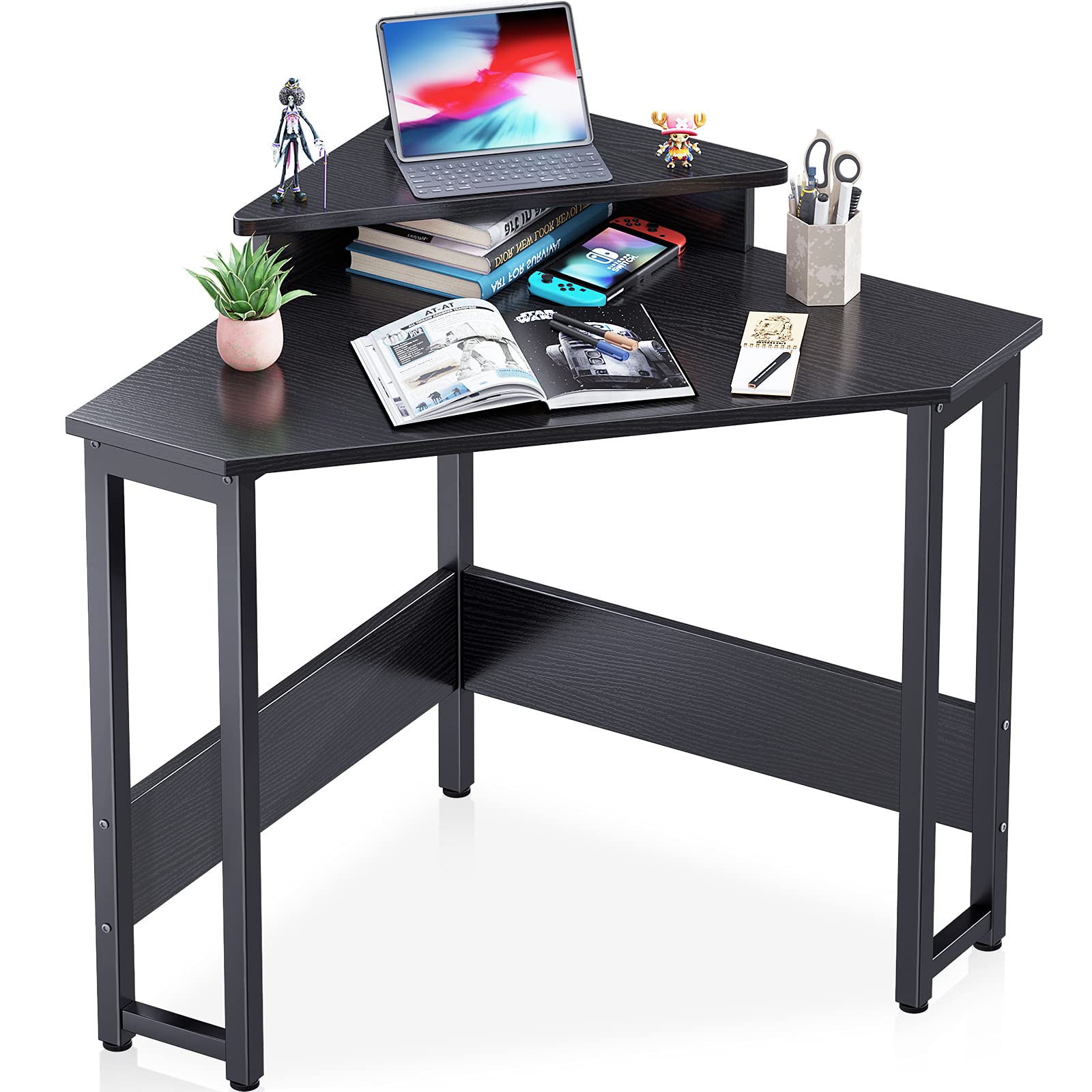 ODKCorner Desk Space Saving Small Desk with Sturdy Steel Frame, Computer Desk with Monitor Stand for Small Space, Easy Assembly Triangle Vanity Desk with Durable Wooden Desktop
