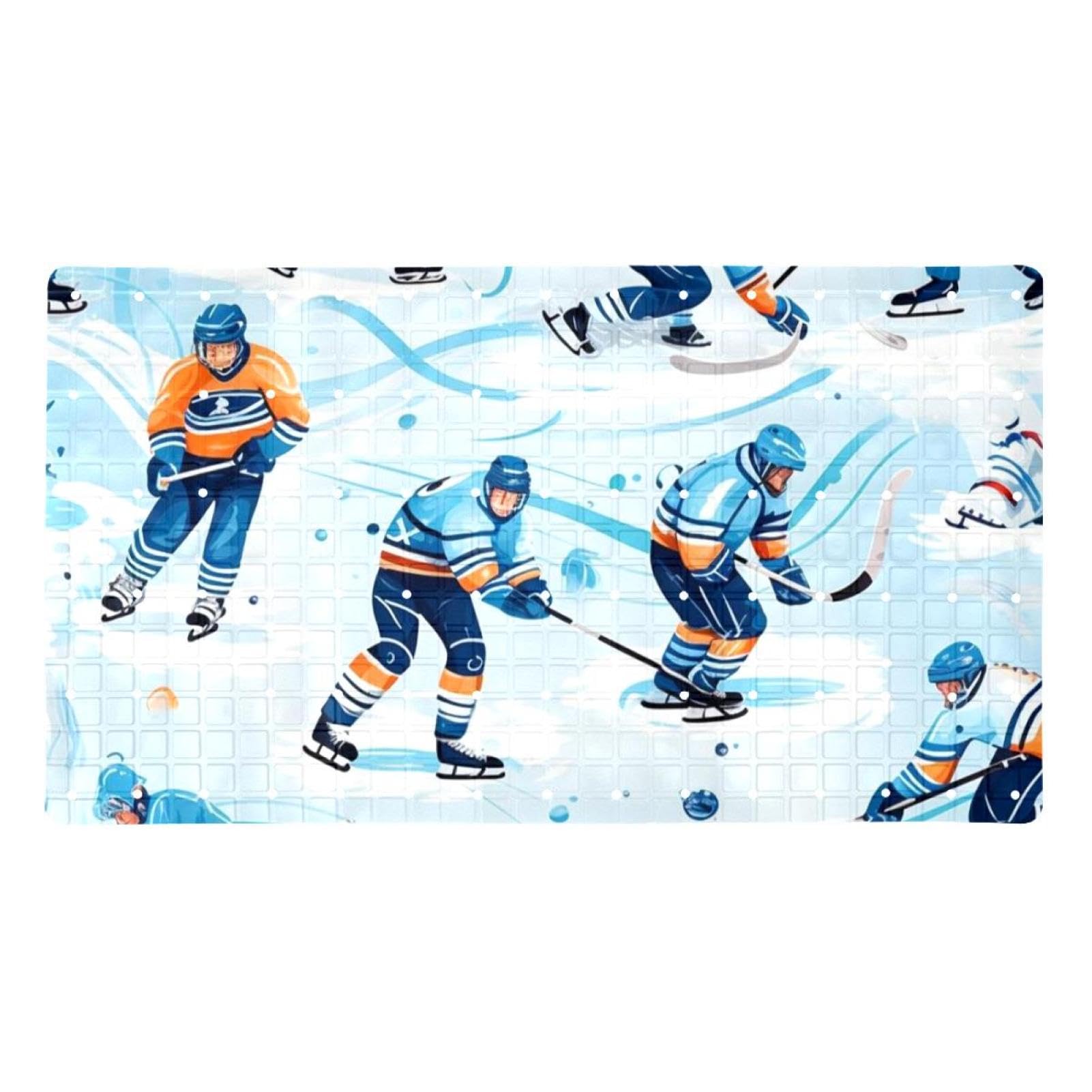 Tapis de douche antidérapant avec motif hockey sur glace comics - 38,5 x 68 cm - Tapis de douche en caoutchouc antidérapant avec trous de drainage et ventouses - Lavable en machine