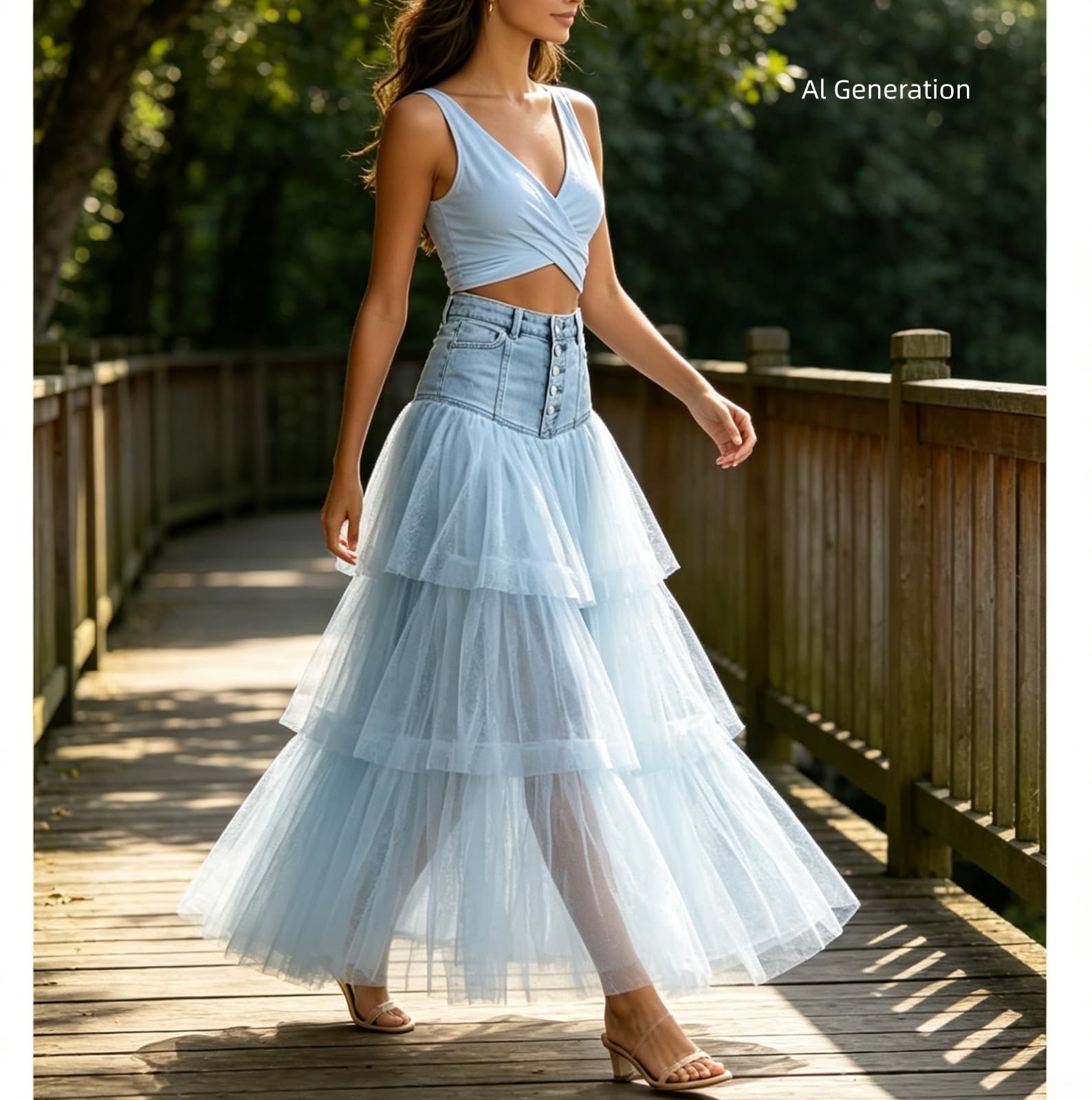 Générique Jupe en Jean à Volants et empiècements de Tulle superposés