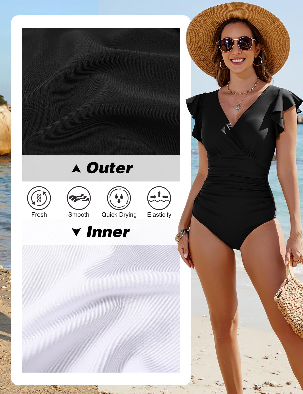 Yuson Girl Maillot de Bain Femme 1 Pièces Gainant Sexy Col en V Volants Maillots Une Pièce Contrôle Ventre Plat Push Up Monokini Elégant Vintage Rembourré Froncé Amincissant Swimsuit