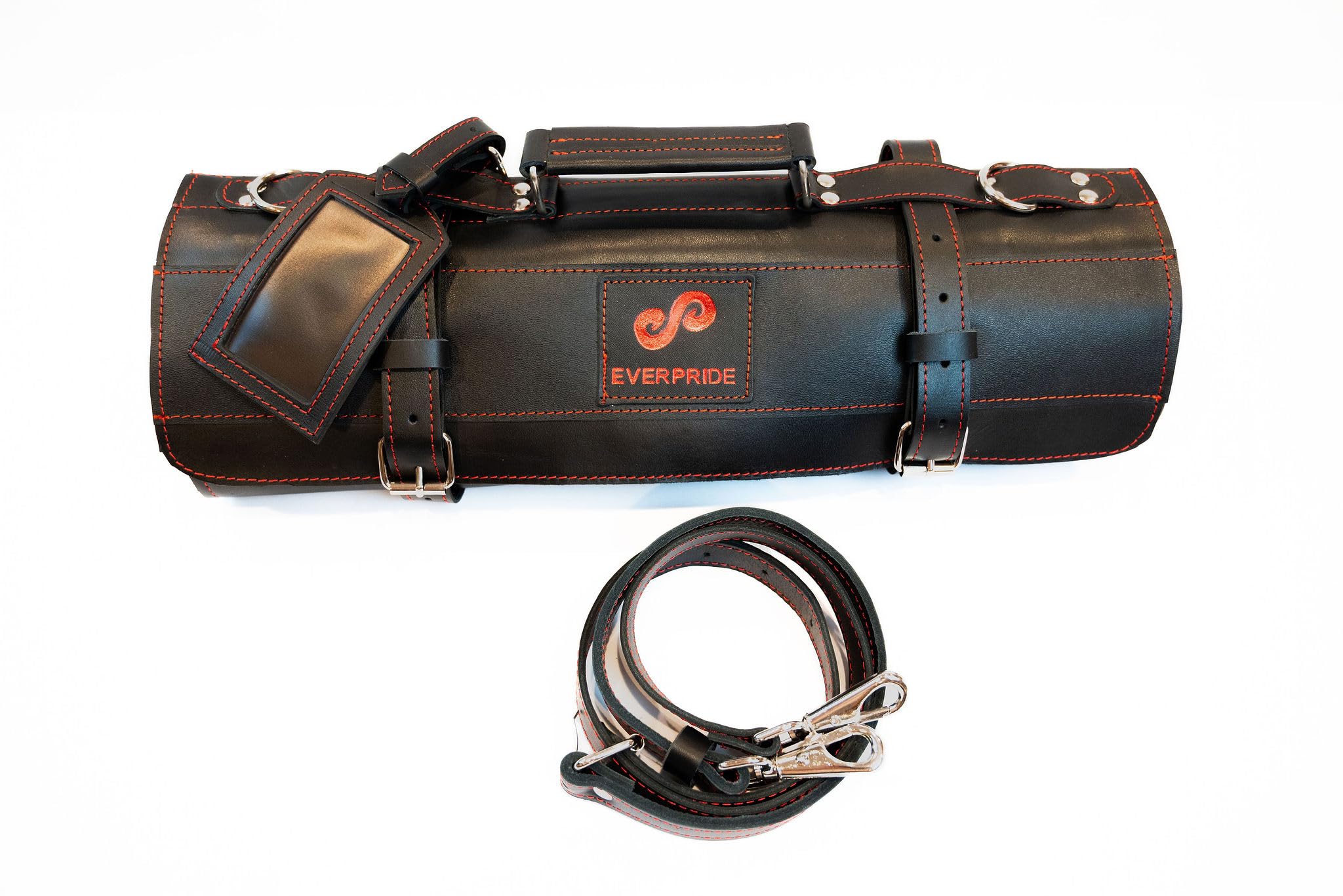 EVERPRIDE Black Leather with Gorgeous Red Trim, Professional Chef Knife Roll and Bag for Knives. Premium Leather Bag, Sturdy Construction, Luxury