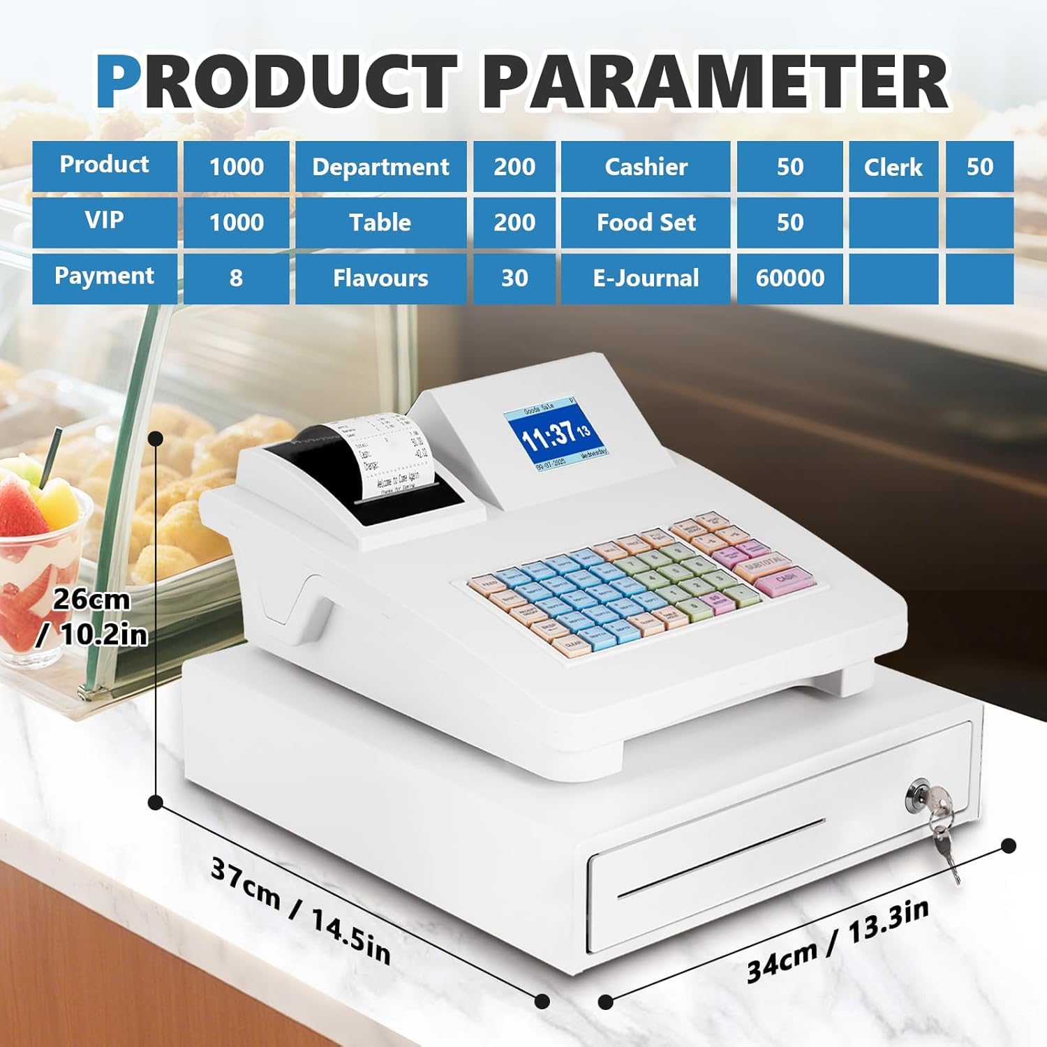 MXBAOHENG 48 touches Caisse enregistreuse électronique avec imprimante de tickets et tiroir de caisse, Système de caisse de supermarché Caisse LED pour Restaurant, café, grands marchés (En anglais)