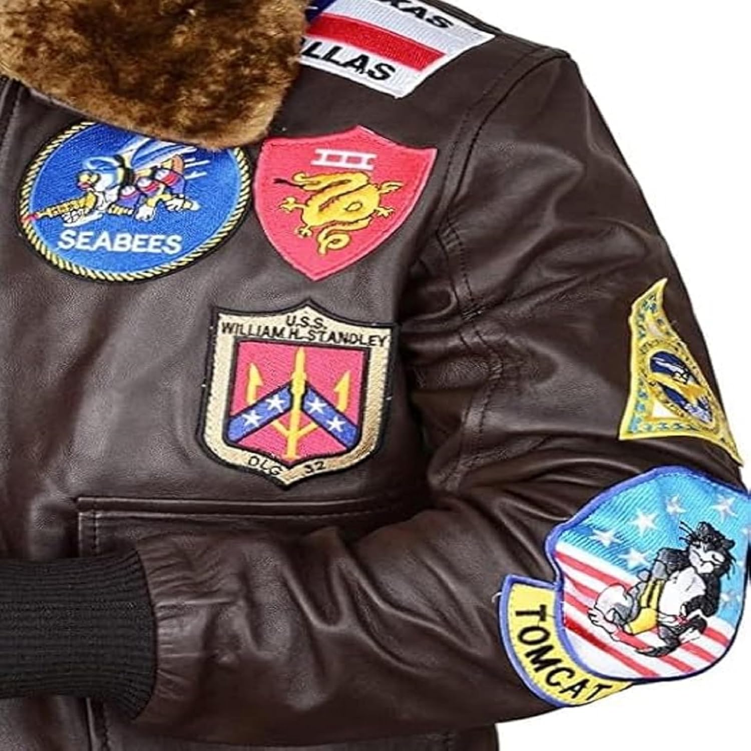 TopG Flight Bomber Jacket| Men Leather Aviator Coat with Removable Faux Fur Collar & Fighter Pilot Patches