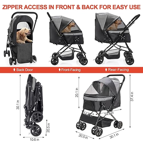 Miniatura 6 de Cochecito para perros y gatos grandes y medianos con mango reversible, cochecito plegable para mascotas con cesta de almacenamiento grande, color