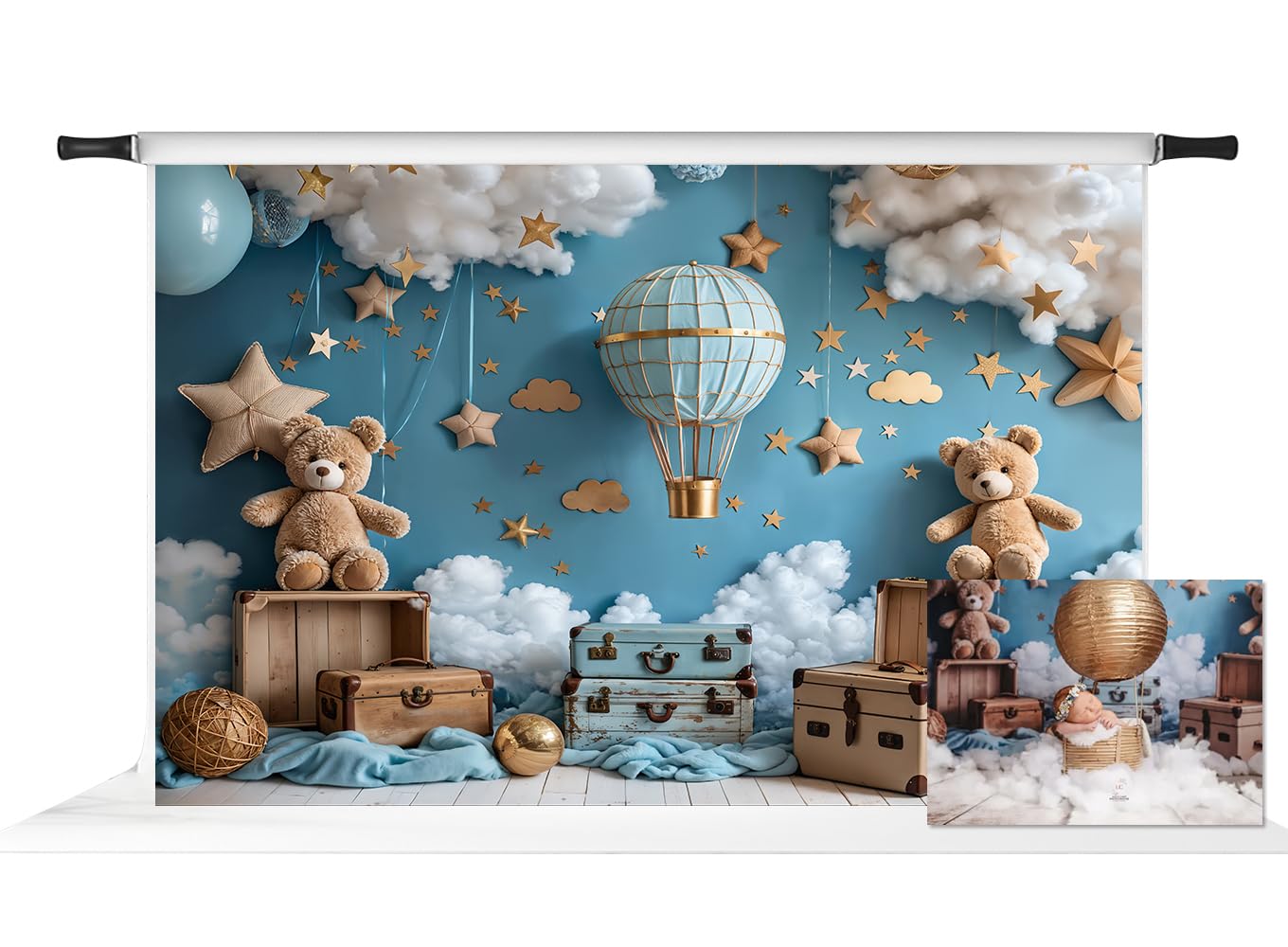Kate Hot Air Balloon Backdrop for 1st Birthday Party Cartoon Teddy Bear Background Photo Studio Props, 10x6.5ft