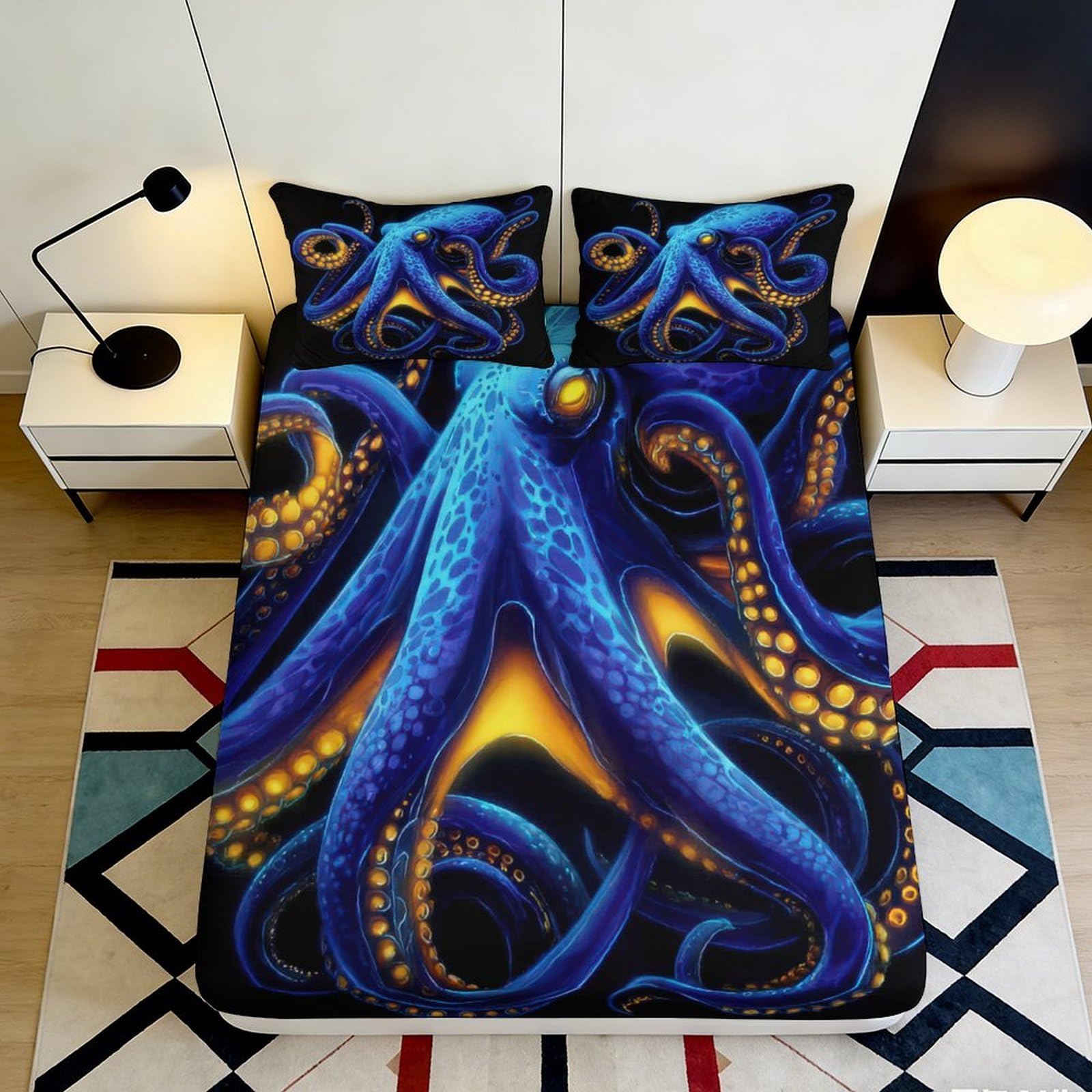 3D Printed Blue Octopus Fitted Sheet Microfiber Soft Breathable Ocean Animal Mattress Cover for Bedroom Dorm Decoration 90x200x25cm