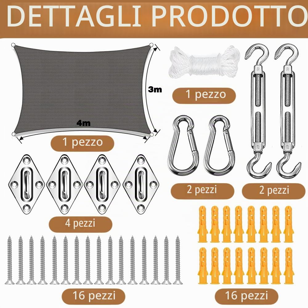 Vela Ombreggiante Rettangolare,Tenda a Vela per Esterno 3x4 m,Tenda Parasole Impermeabile Rettangolare,Telo Parasole per Esterni,con Kit di Montaggio,Protezione UV 98%,per la Terrazza,il Campeggio
