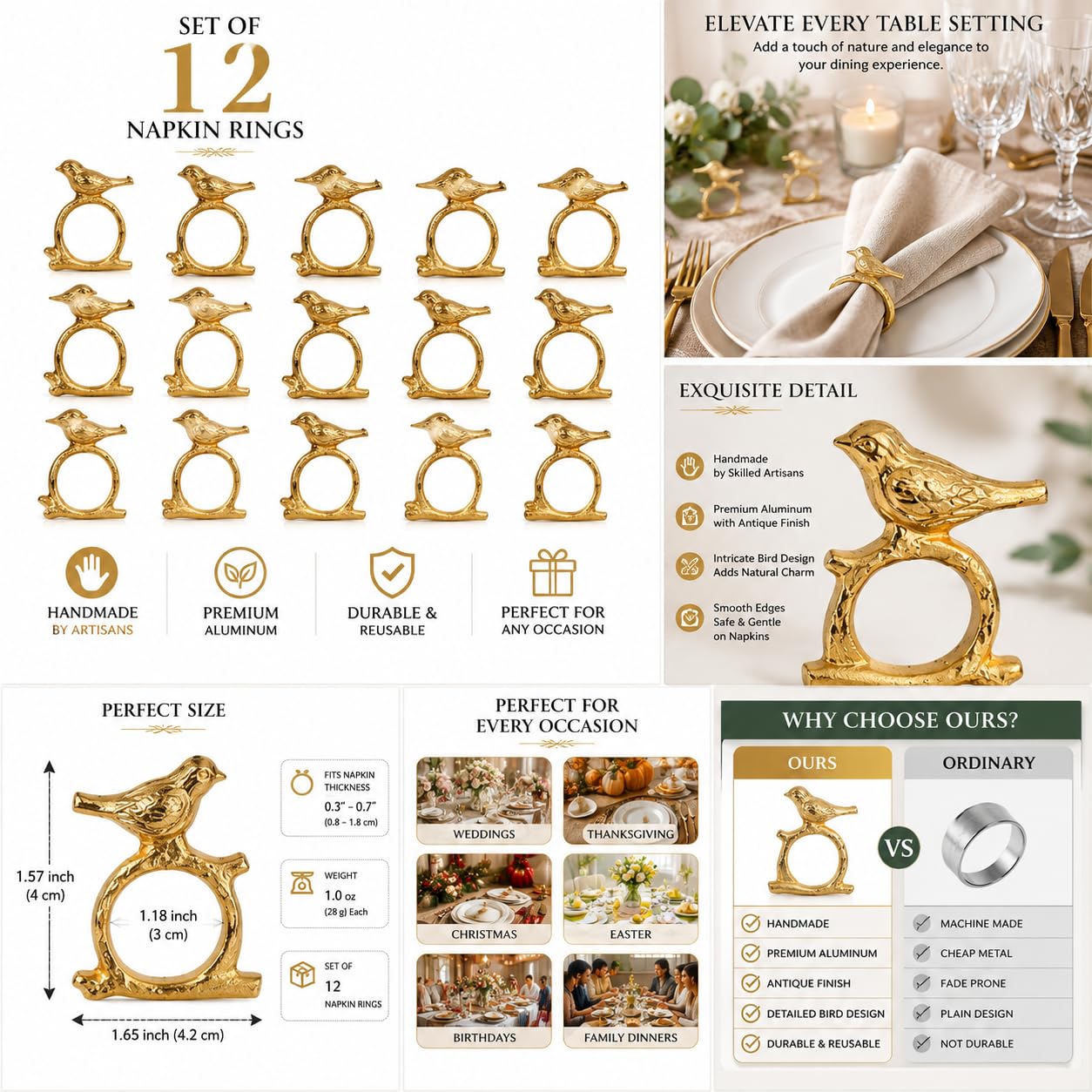 ITOS365 Lot de 12 ronds de serviette en aluminium avec oiseaux chanteurs sur branche d'arbre - Fabriqués à la main - Pour salle à manger, fêtes quotidiennes