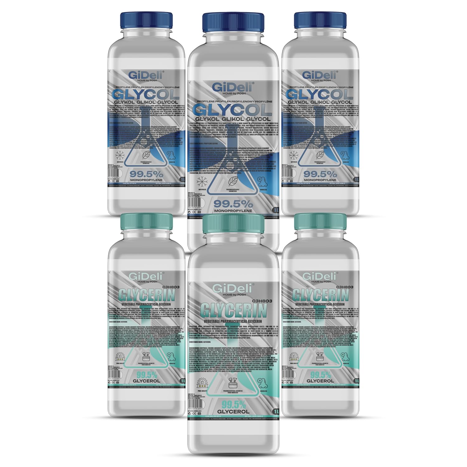 GiDeli Glycerin & Propylenglykol Set 99,5% - 3 x 1 L VG + 3 x 1 L PG - E422 + E1520 - Pharmaqualität Ph.Eur. - Vegan - Pflanzliches Glycerin Flüssig - Mischbasis 50 50 für DIY Kosmetik